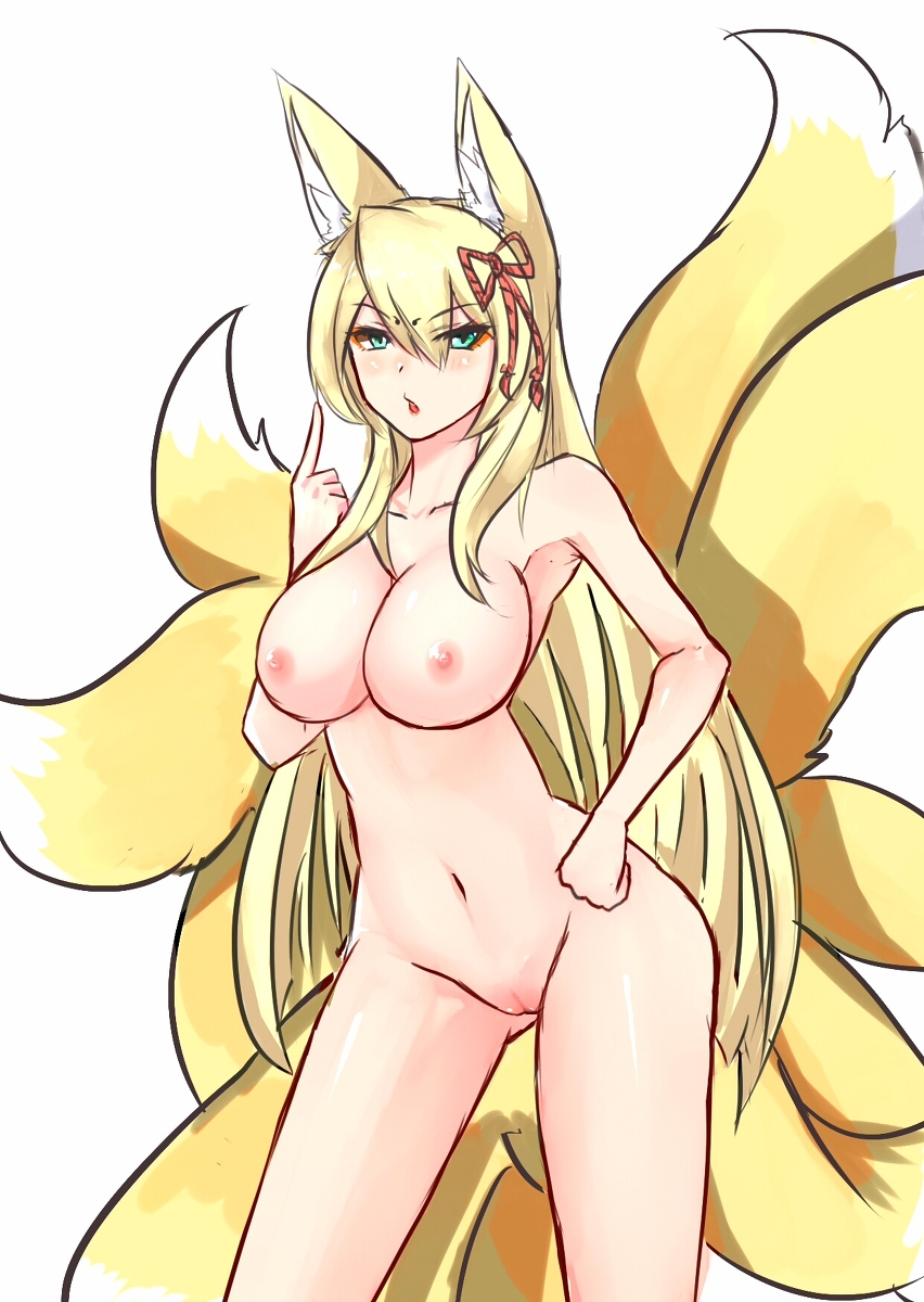 animal_ears animal_tail bangs blonde_hair bow boy_(pixiv17542438) breasts cowboy_shot female fox_ears fox_tail green_eyes hair_between_eyes hair_ornament hair_ribbon hairbow hand_on_hip highres large_breasts long_hair looking_at_viewer mon-musu_quest! monster_girl monster_girl_quest multiple_tails nipple nude older pussy sidelocks slit_pupils solo spoilers tail tamamo_(monster_girl_quest)