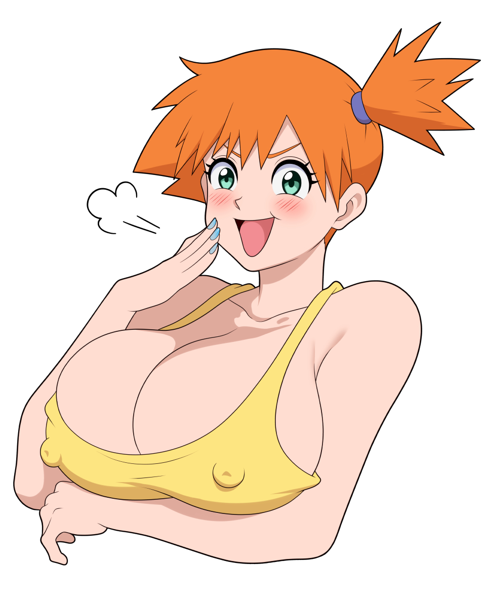 :d, alternate breast size, arm under breasts, bare shoulders, blue nails, blush, breast hold, breasts, cleavage, clothing, collarbone, covered nipples, cropped torso, female, green eyes, hair tie, hand up, huge breasts, kasumi (pokemon), large breasts, looking at viewer, nail polish, nipples visible through clothing, ojou-sama pose, open mouth, orange hair, pokemon, pokemon (anime), pokemon (classic anime), pokemon rgby, ponytail, puff of air, short hair, side ponytail, simple background, smile, smug, solo, tank top, truewaifu, upper body, v-shaped eyebrows, white background, yellow shirt, yellow tank top