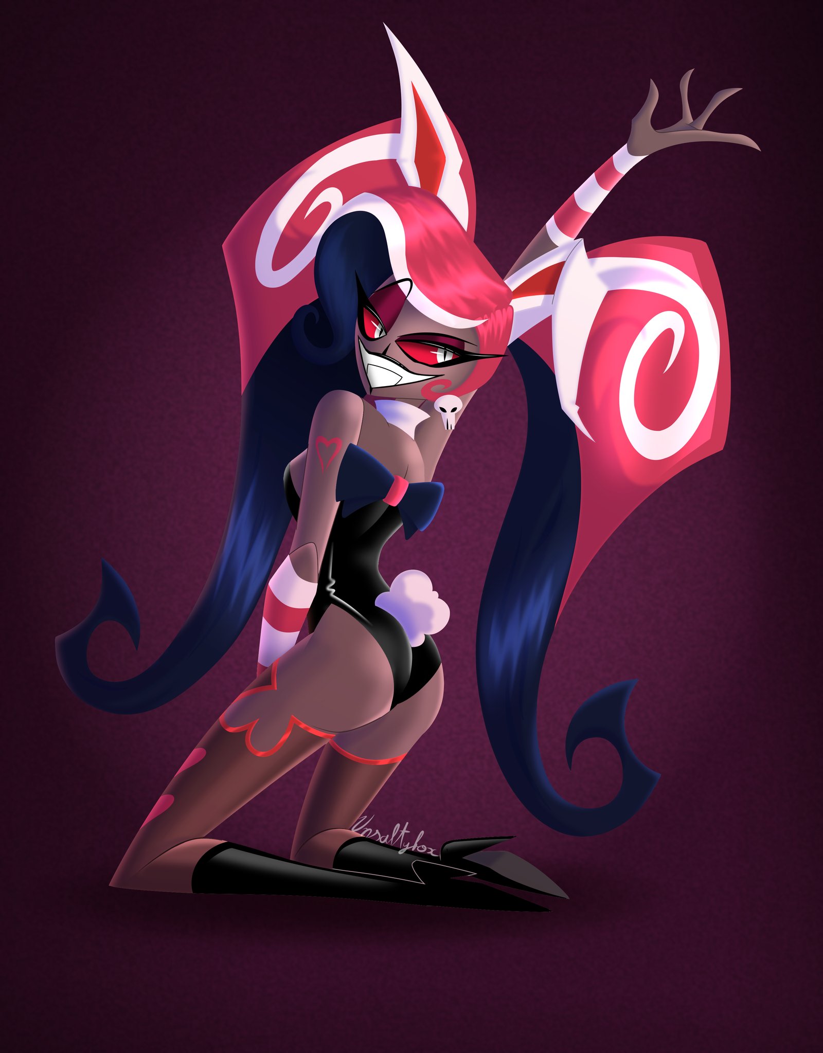 1girls, 2d, 2d (artwork), accurate art style, artist request, ass, bunnysuit, dark skin, dark-skinned female, digital drawing (artwork), digital media (artwork), female, female only, hair, hazbin hotel, red hair, red sclera, sexy, smiling, solo, velvette, white eyes