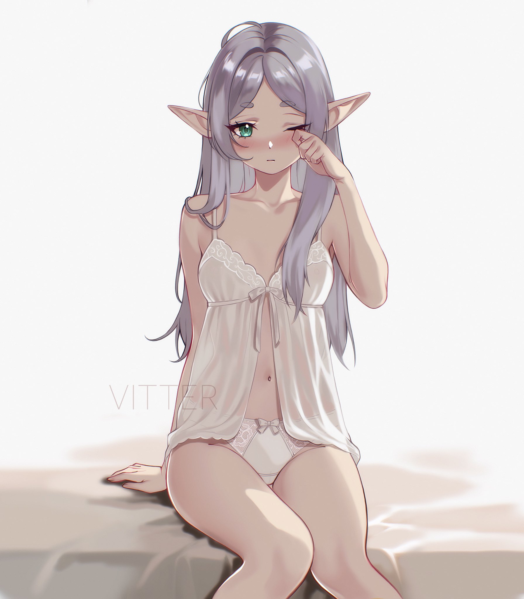 artist name, babydoll, bed sheet, blush, bow, bow bra, bra, breasts, closed mouth, elf, female, female only, frieren, green eyes, hand on own face, hashtag-only commentary, highres, lingerie, long hair, looking at viewer, navel, on bed, one eye closed, panties, parted bangs, pointy ears, simple background, sitting, small breasts, solo, sousou no frieren, underwear, underwear only, vitter, white babydoll, white background, white hair, white panties