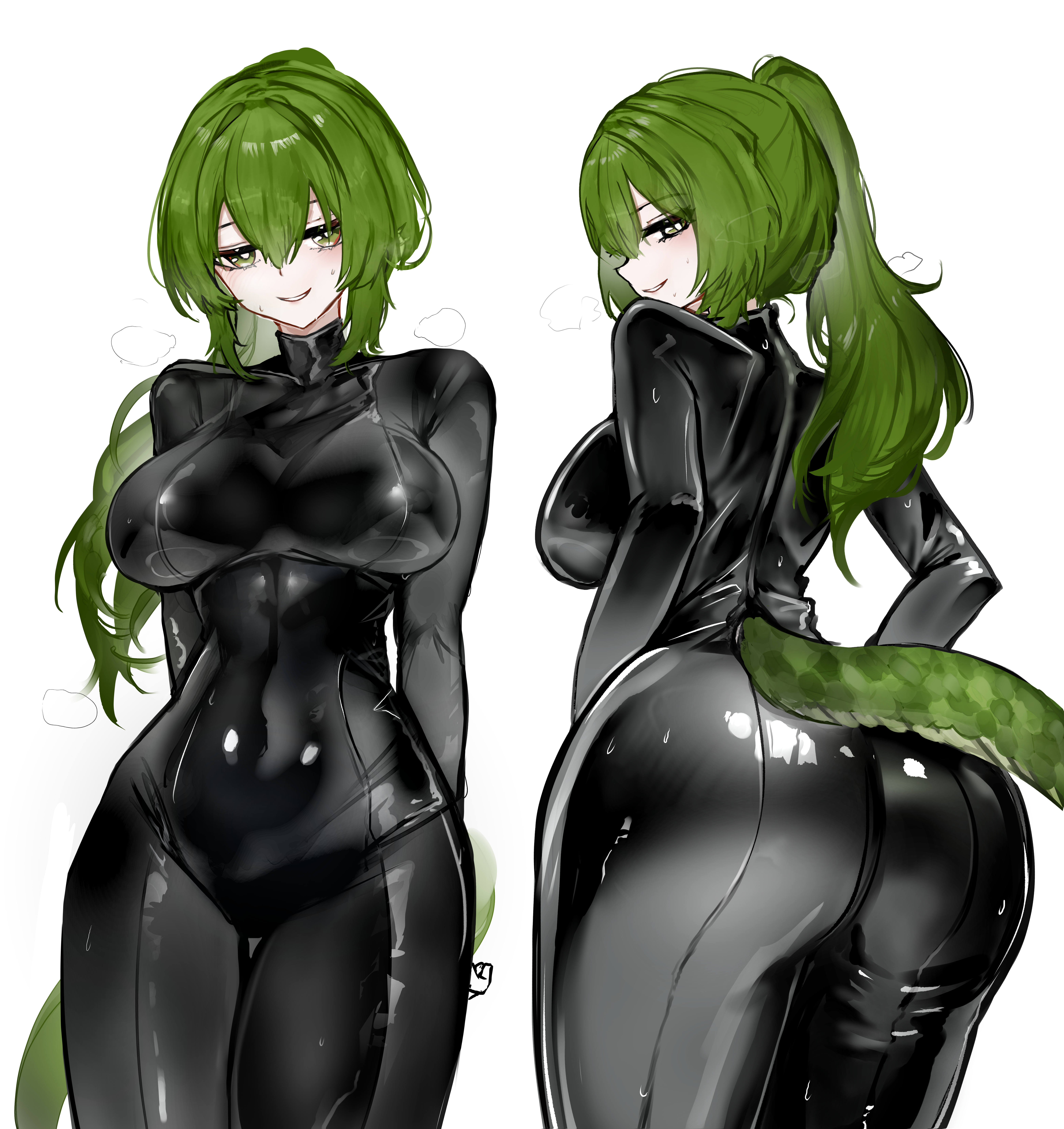 absurdres, arknights, arknights: endfield, arms behind back, ass, black bodysuit, blush, bodysuit, breasts, collarbone, commentary, covered navel, cowboy shot, crocodile girl, crocodilian tail, english commentary, female, fluorite (arknights: endfield), from below, green eyes, green hair, heart, highres, large breasts, latex, latex bodysuit, lizard tail, long hair, looking at viewer, looking back, parted lips, ponytail, shiny clothes, simple background, smile, smoke, solo, steaming body, sweat, tail, teeth, wawamachi, white background