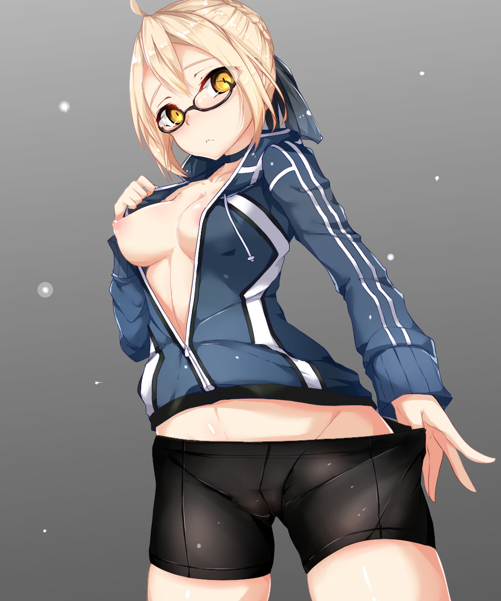 ahoge artoria_pendragon ass_visible_through_thighs bike_shorts black-framed_eyewear blonde_hair braid breasts cameltoe choker closed_mouth fate/grand_order fate_(series) female french_braid grey_background gym_uniform hair_between_eyes hair_bun highres hood hooded_track_jacket jacket long_sleeves mysterious_heroine_x_(alter) nipples open_clothes open_jacket semi-rimless_eyewear shiny shiny_hair small_breasts solo track_jacket under-rim_eyewear yellow_eyes zuo_wei_er