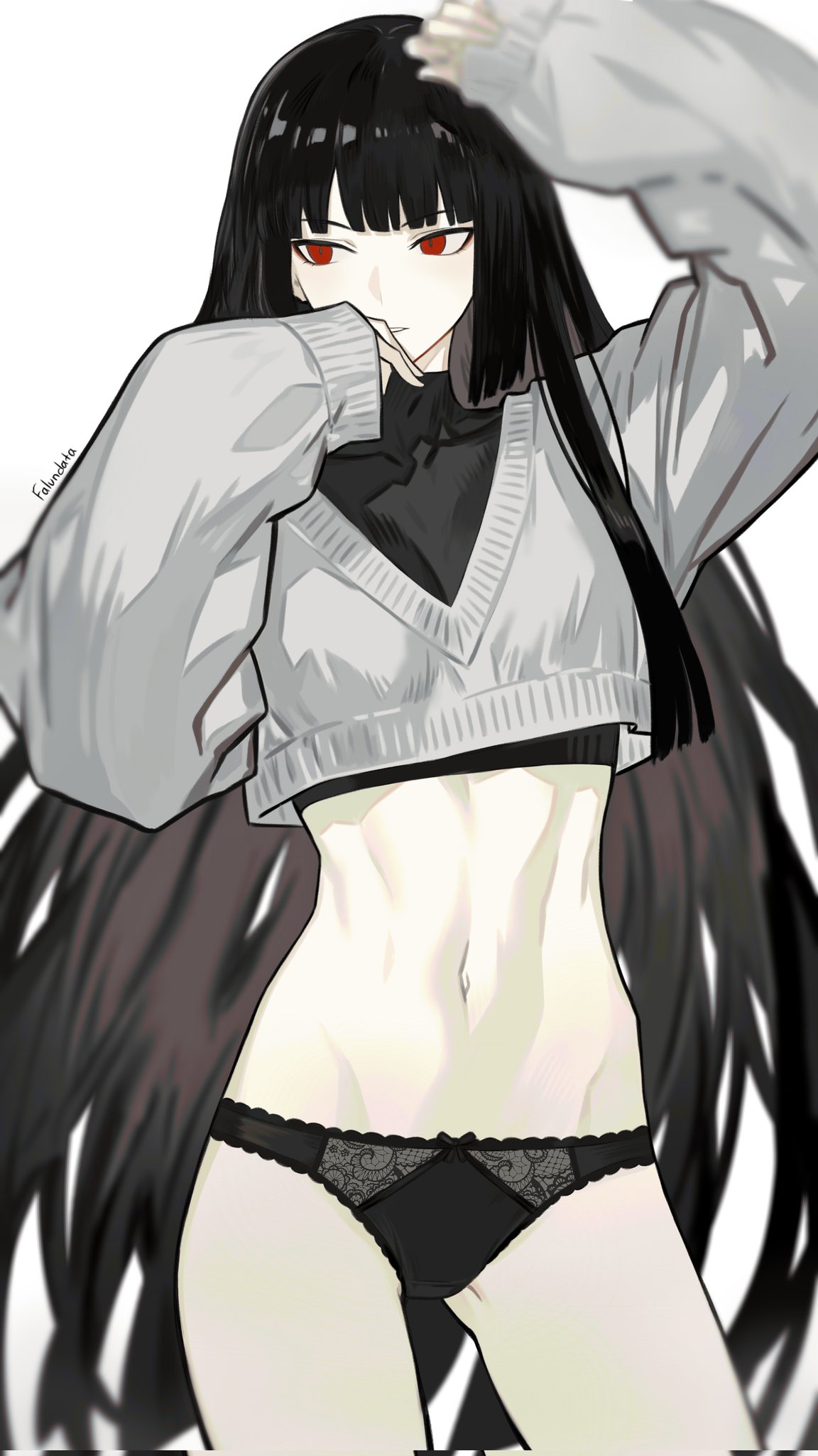 1girls, artist name, black hair, black panties, black shirt, blunt bangs, bow, bow panties, breasts, cropped shirt, cropped sweater, falundata, grey sweater, hashtag-only commentary, highres, lace, lace trim, lace-trimmed panties, limbus company, long hair, long sleeves, looking to the side, midriff, navel, no pants, panties, project moon, puffy long sleeves, puffy sleeves, red eyes, ryoshu (limbus company), ryoshu (project moon), shirt, signature, simple background, sleeves past wrists, small breasts, solo, stomach, sweater, turtleneck, turtleneck shirt, undershirt, underwear, v-neck, white background