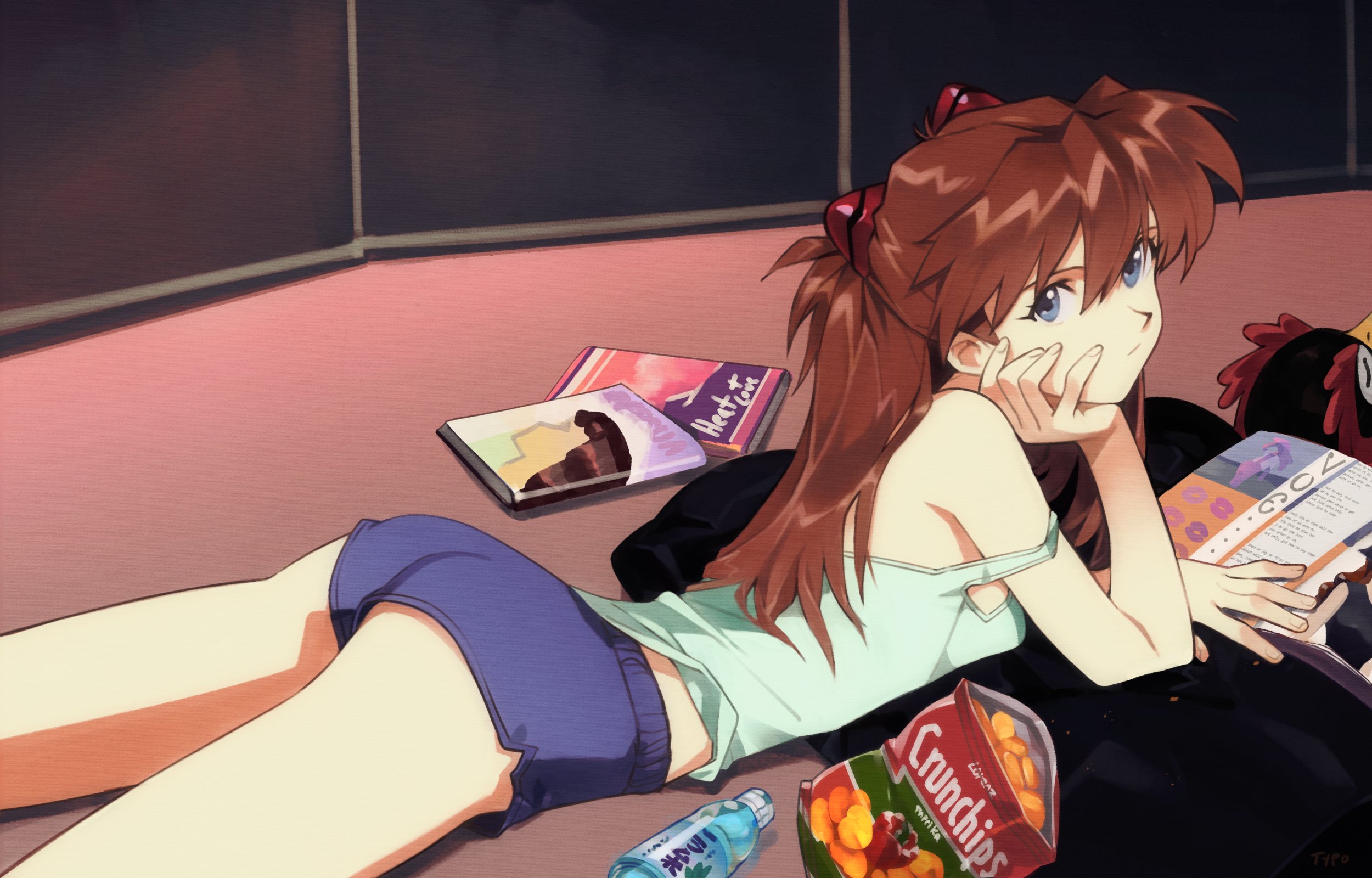 1girls, ass, asuka langley sohryu, bare shoulders, blue eyes, bored, brown hair, butt, clothed, cute, female, female focus, female only, firm ass, looking at viewer, neon genesis evangelion, on model, on stomach, optionaltypo, reading, shorts, small breasts, solo, solo female, tank top, teenage female, teenage girl, teenager, thighs, tight ass, twintails
