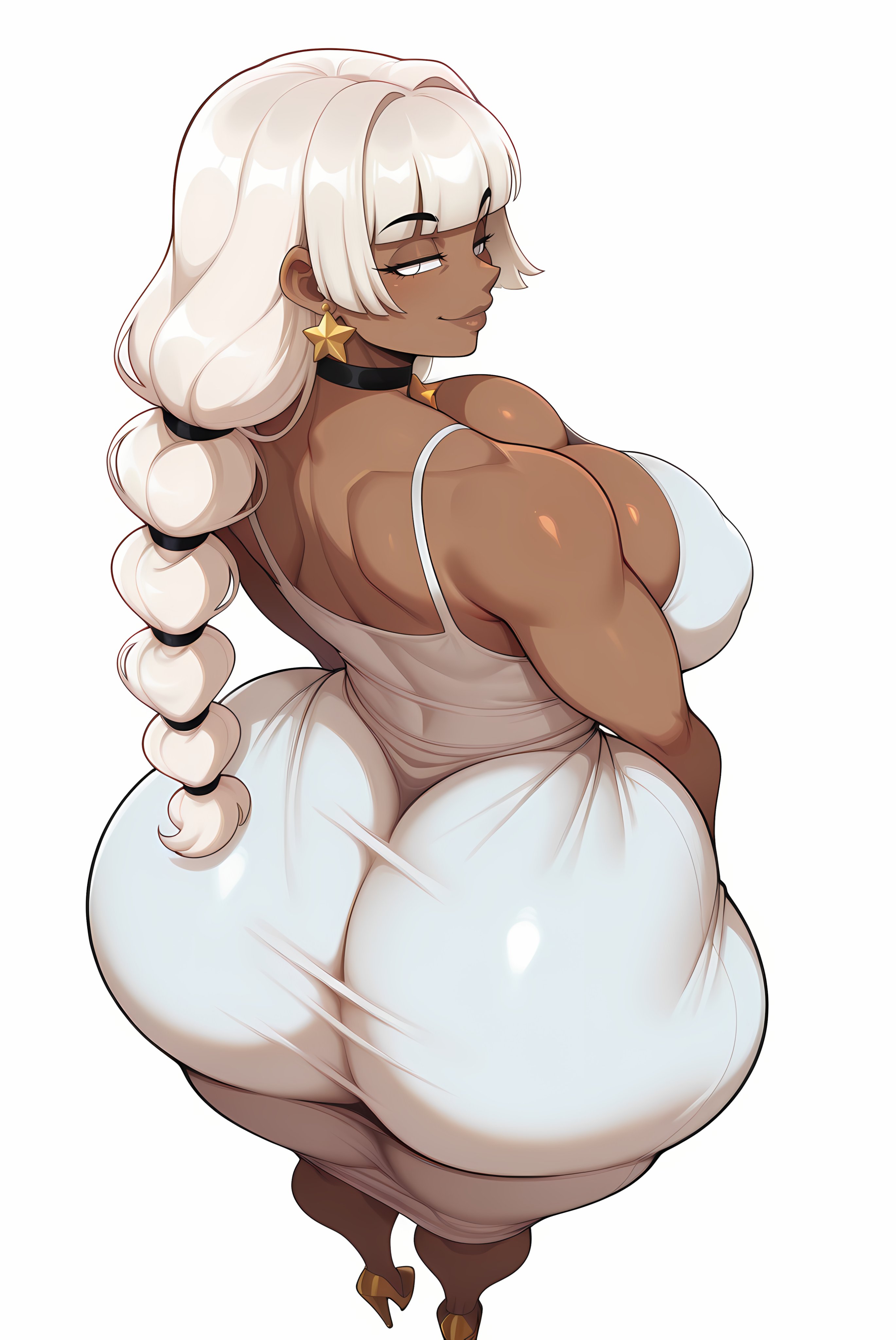 1girls, 2025, ai generated, areola bulge, areolae, ass, ass focus, big ass, big breasts, blush, bubble butt, child bearing hips, cleavage, collar, dark skin, dark-skinned female, dat ass, dress, dumptruck ass, earrings, el memc, fat ass, female, female only, huge ass, huge breasts, hyper breasts, imminent rape, imminent sex, laura (memch0), looking at viewer, looking back, looking pleasured, looking up, memch0, milf, mommy, mother, muscular, muscular female, oc, original, original character, thick thighs, thunder thighs, tight clothing, white eyes, white hair