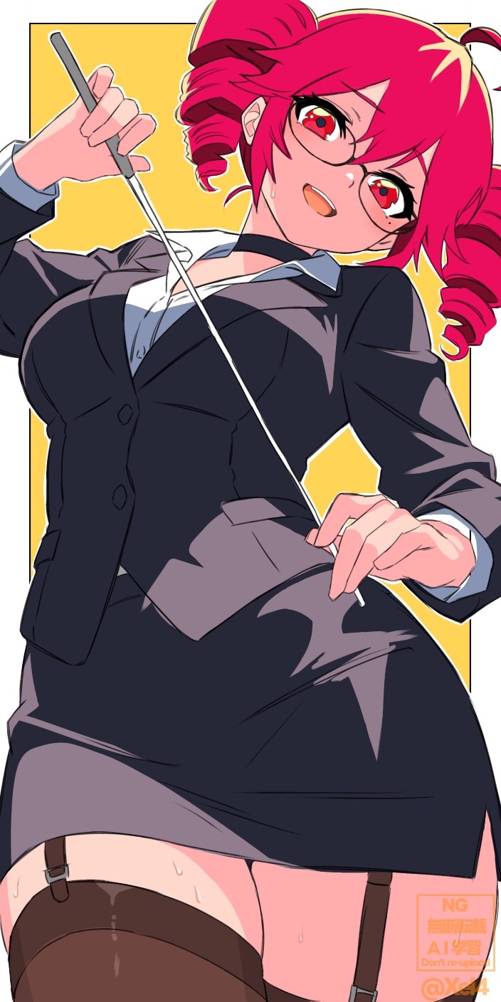 ahoge, alternate costume, bespectacled, black choker, black jacket, black skirt, border, breasts, brown garter straps, brown thighhighs, choker, commentary, dominant female, drill hair, english commentary, female, female only, femdom, from below, garter straps, glasses, head tilt, highres, holding, holding pointer, jacket, kasane teto, large breasts, long sleeves, looking at viewer, mole, mole under eye, open mouth, pencil skirt, pointer, red eyes, red hair, shirt, short hair, simple background, skirt, smile, solo, sweatdrop, teacher, teeth, thick thighs, thighhighs, thighs, twin drills, twitter username, upper teeth only, utau, watermark, white border, white shirt, xel4, yellow background, zettai ryouiki