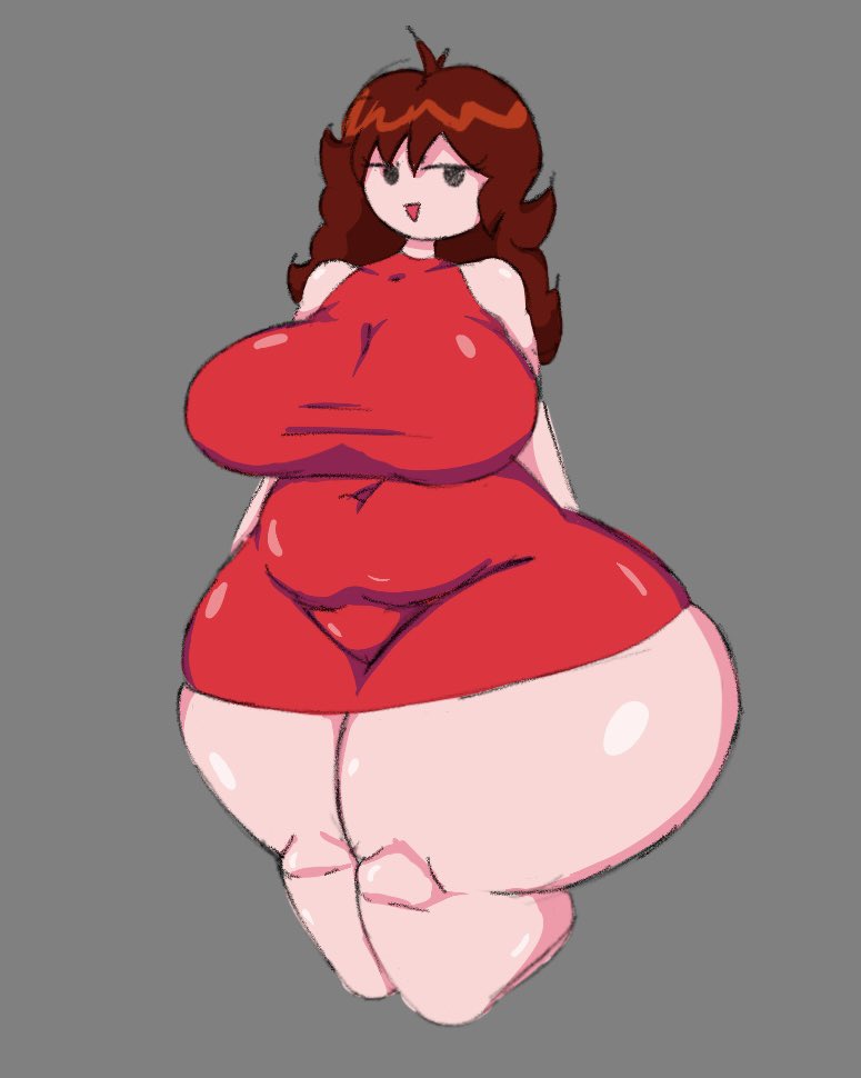 arms behind back, ass bigger than head, auburn hair, bbw, belly bulge, big ass, big breasts, breasts bigger than head, chubby, chubby belly, chubby female, clothed, clothing, dress, dumb face, dumb girl, erect nipples, fat ass, fay pussy, friday night funkin, girlfriend (friday night funkin), hourglass figure, huge ass, huge breasts, huge thighs, large ass, large breasts, nipple bulge, nipples visible through clothing, puhf, smiling, thick ass, thick thighs, thighs
