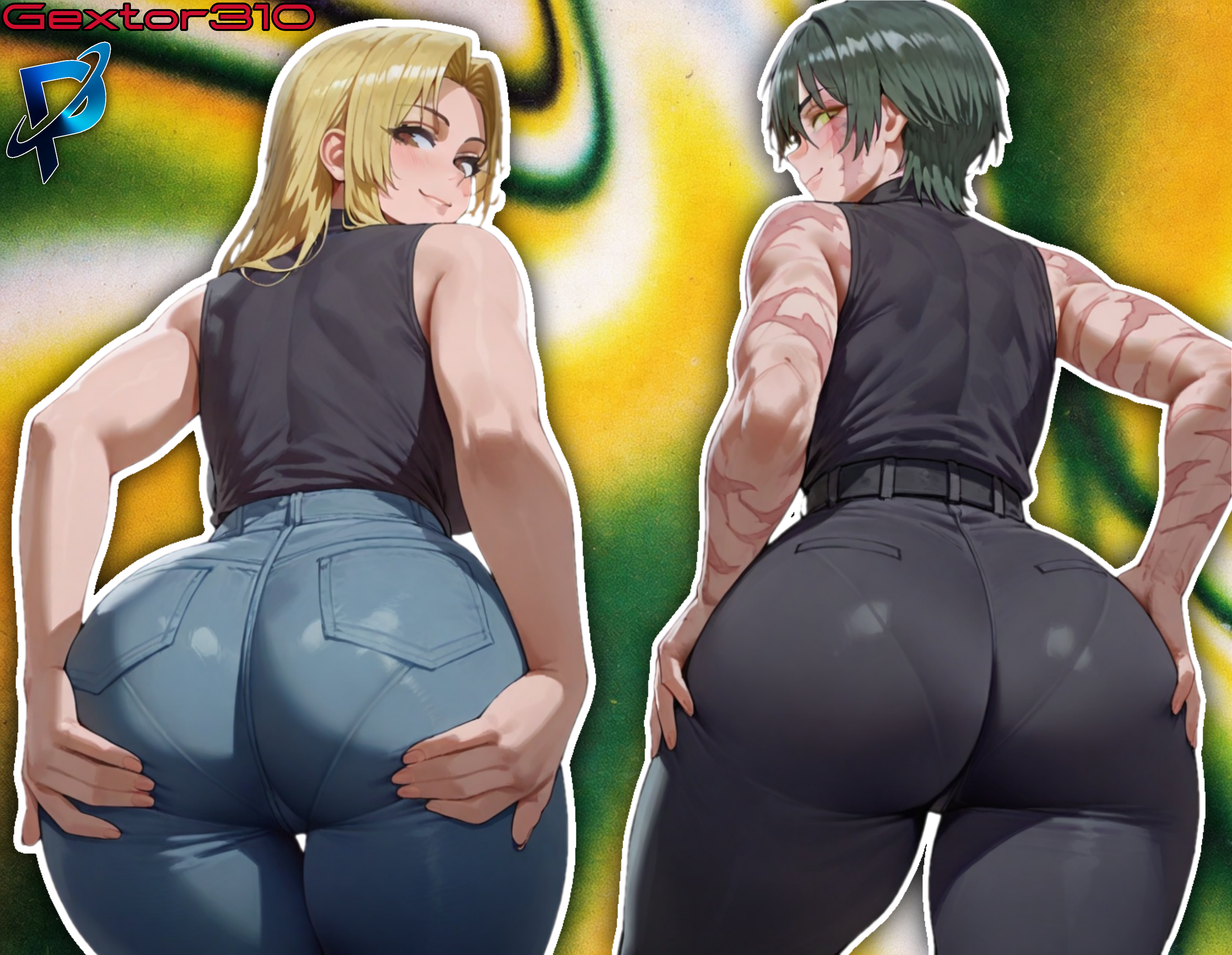 2026, 2d, 2d (artwork), 2female, 2girls, ai generated, bicolored background, collaboration, from behind, gextor310, hentai, jujutsu kaisen, looking back, maki zenin, pantylines, paurikai, red hair, scars, smile, textured background, thick ass, thick butt, tomboy, tsukumo yuki (jujutsu kaisen), watermark, yellow hair, yuki tsukumo, zenin maki