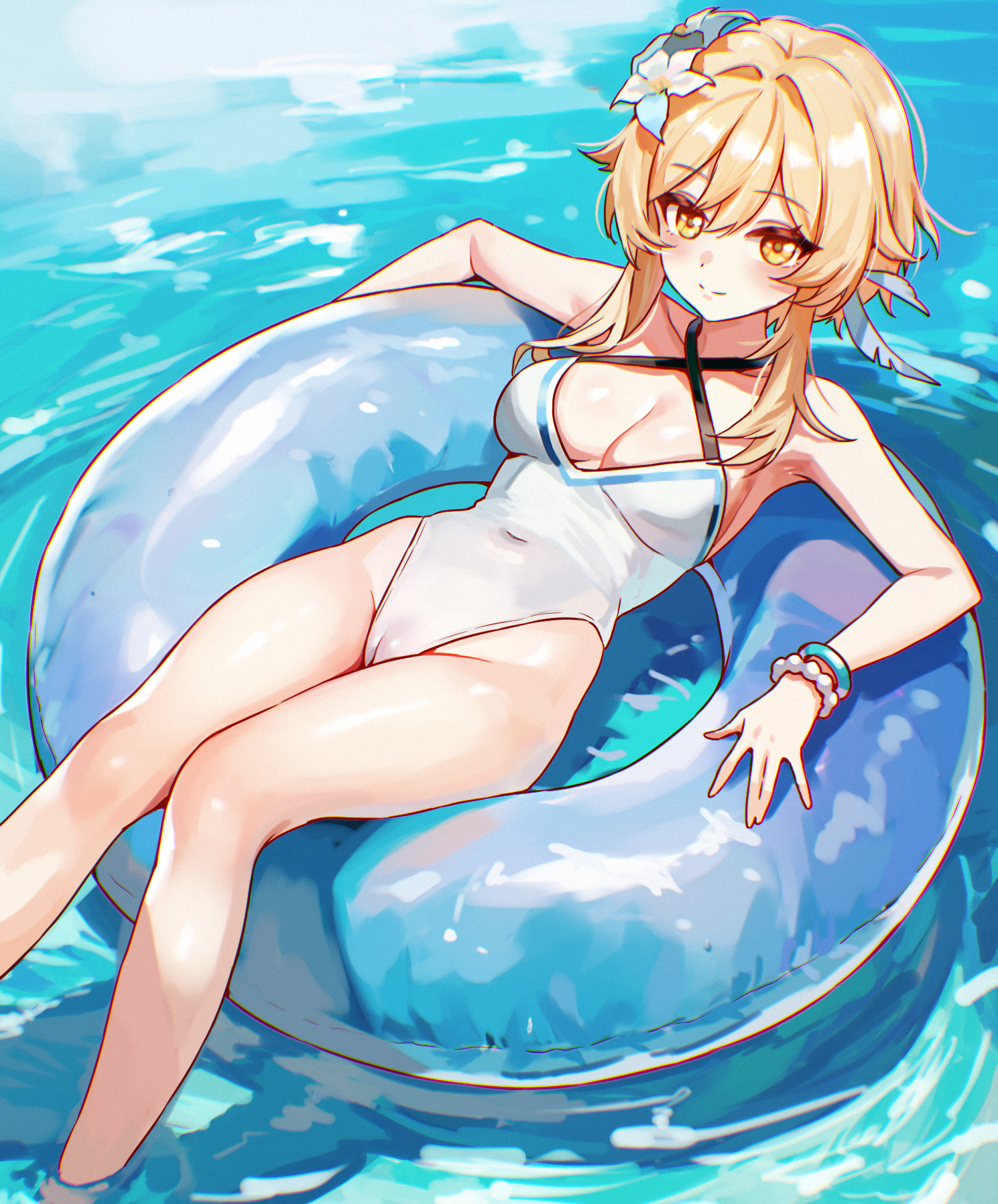 alternate costume, blonde hair, blush, breasts, cleavage, closed mouth, commentary request, female, female only, flower, genshin impact, hair flower, hair intakes, hair ornament, highleg, highleg one-piece swimsuit, highres, innertube, legs, looking at viewer, lumine (genshin impact), medium breasts, ocean, on innertube, one-piece swimsuit, short hair, short hair with long locks, smile, solo, swim ring, swimsuit, thighs, umamipesto, water, white flower, white one-piece swimsuit, yellow eyes