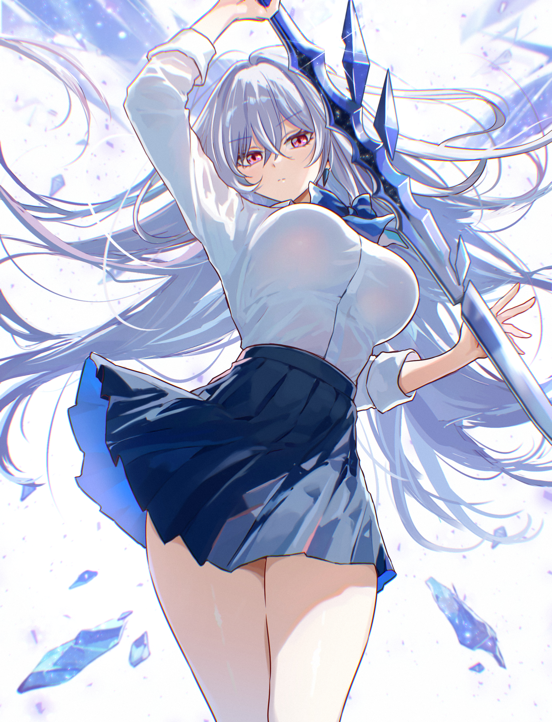 alternate costume, blue bow, blue bowtie, blue shirt, bow, bowtie, breasts, closed mouth, commentary, female, female only, genshin impact, grey hair, hair between eyes, hair spread out, highres, holding, holding sword, holding weapon, large breasts, long hair, looking at viewer, pink eyes, shirt, shirt tucked in, skirk (genshin impact), solo, sword, thighs, umamipesto, very long hair, weapon, white shirt