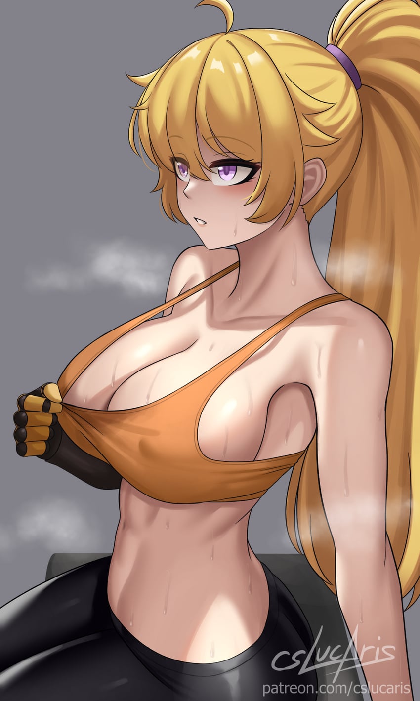 ahoge, artist name, black gloves, black pants, blonde hair, breasts, commentary, covered nipples, cslucaris, english commentary, female, fingerless gloves, from side, gloves, grey background, high ponytail, highres, large breasts, midriff, navel, orange sports bra, pants, parted lips, ponytail, purple eyes, rwby, simple background, sitting, solo, sports bra, steam, steaming body, stomach, strap gap, sweat, sweat stain, yang xiao long, yoga pants