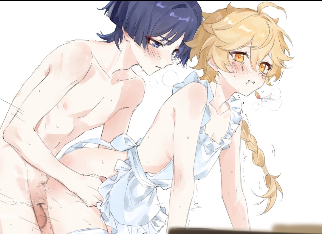 2boys, aether (genshin impact), blonde hair, blue hair, blush, doggy style, genshin impact, grabbing, grabbing ass, grabbing from behind, hard sex, hardcore, hardcore sex, heart eyes, heart-shaped pupils, lingerie, male, male penetrated, male penetrating, male penetrating male, male/male, pounding, scaramouche (genshin impact), sex, sex from behind, sexual intercourse, sweat, tsuyaryouyado