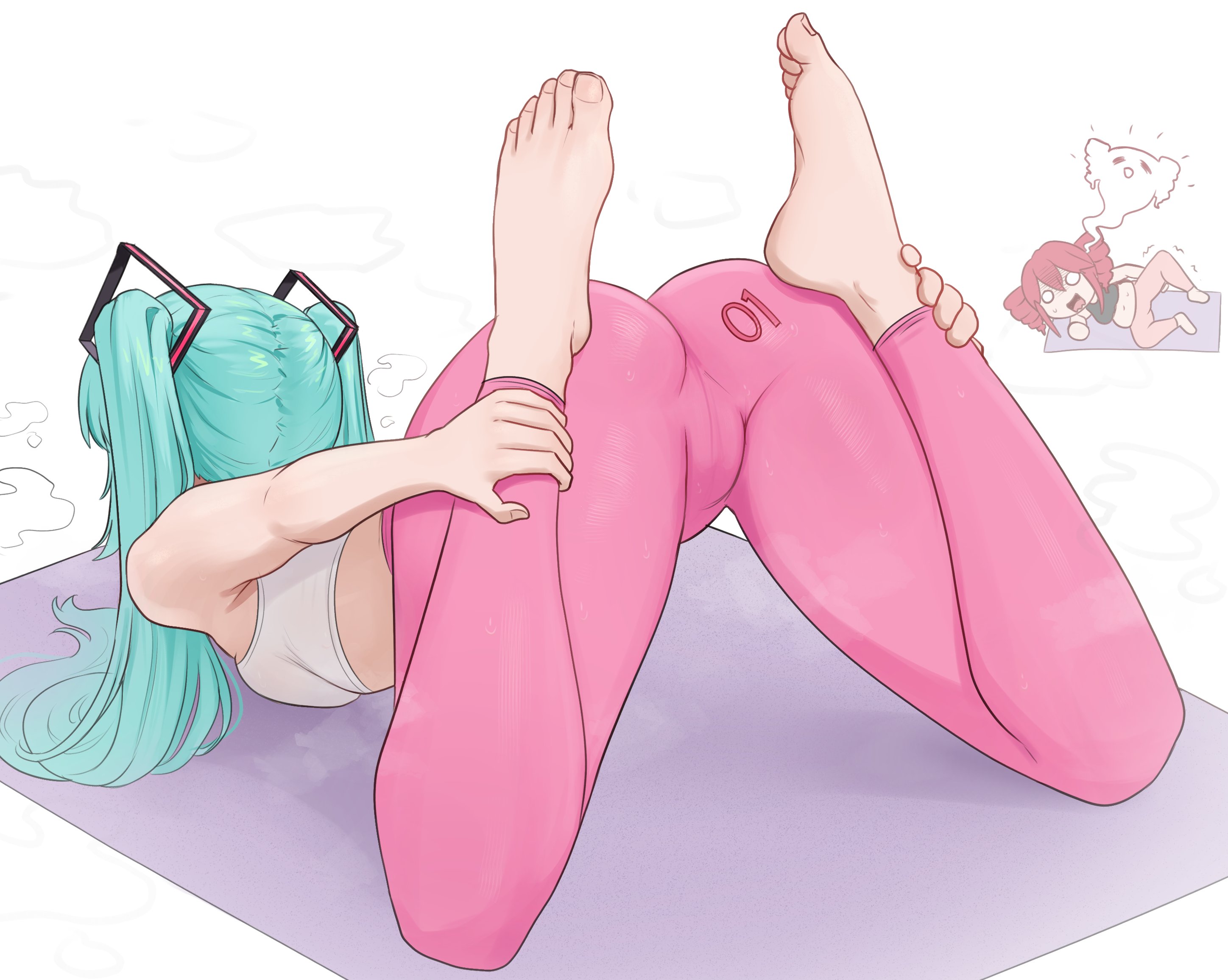 1girls, 2girls, aqua hair, ass, barefoot, brikot, cameltoe, drill hair, exercise, feet, flexible, giving up the ghost, hair ornament, hatsune miku, leggings, long hair, multiple girls, pants, pekot, pink pants, red hair, sports bra, sweat, toes, trend, twin drills, twintails, vocaloid, yoga pants, yoga pose meme 2026