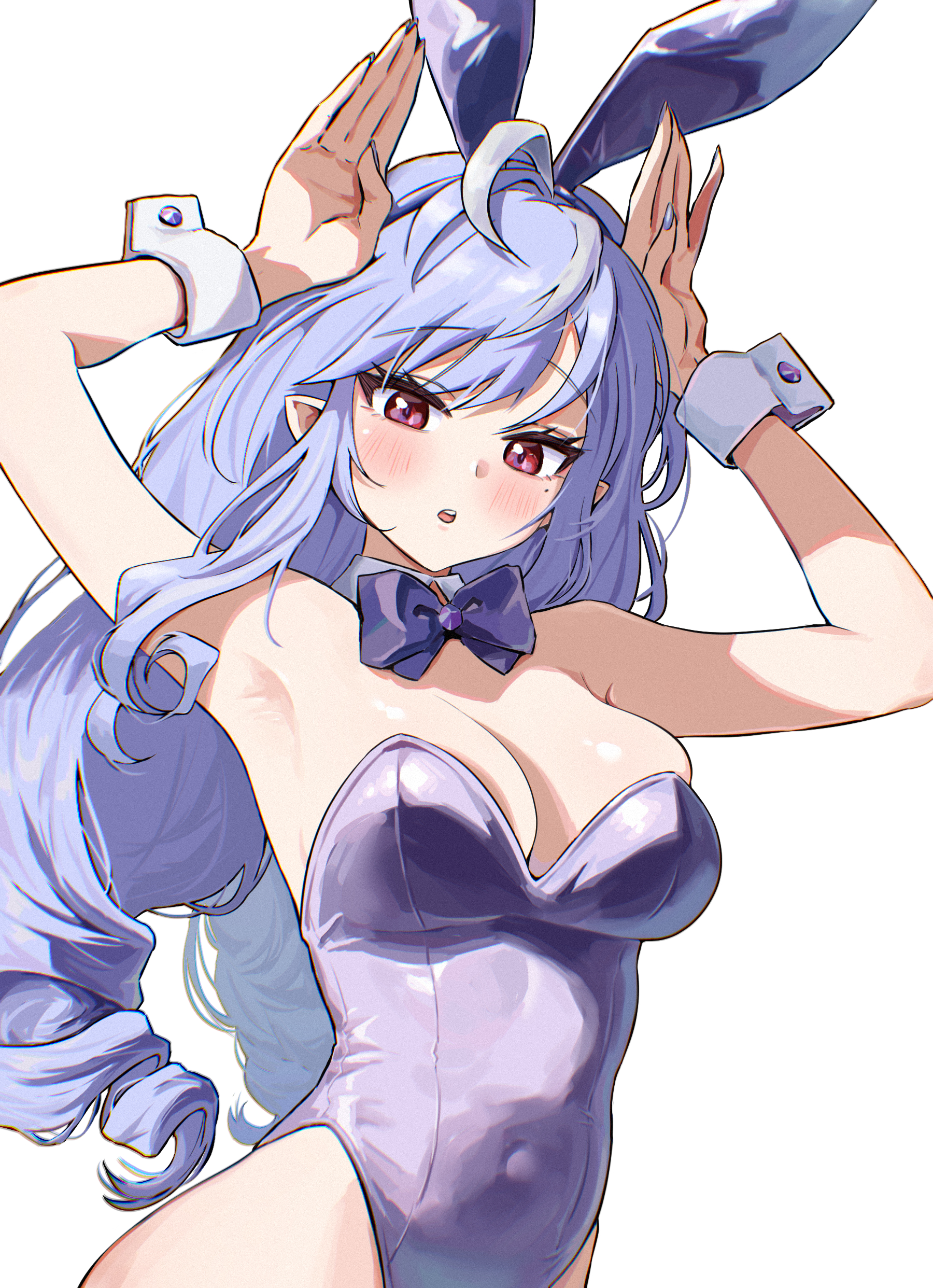 :o, absurdres, alternate costume, animal ears, armpits, arms up, bare arms, bare shoulders, bow, bowtie, breasts, cleavage, covered navel, fake animal ears, female, female only, highres, large breasts, leotard, long hair, looking at viewer, mole, mole under eye, parted lips, pointy ears, purple bow, purple bowtie, purple eyes, purple hair, rabbit ears, simple background, solo, strapless, strapless leotard, umamipesto, upper body, very long hair, vivian banshee, white background, wrist cuffs, zenless zone zero
