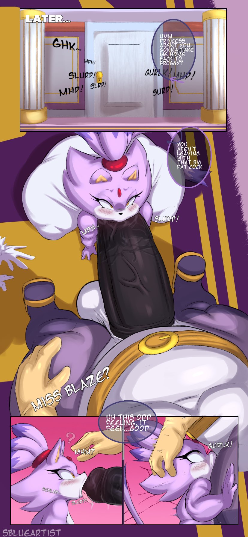 big the cat, black penis, blaze the cat, female, furry, huge cock, male, oral, sega, snowyblue, sonic (series), speech bubble