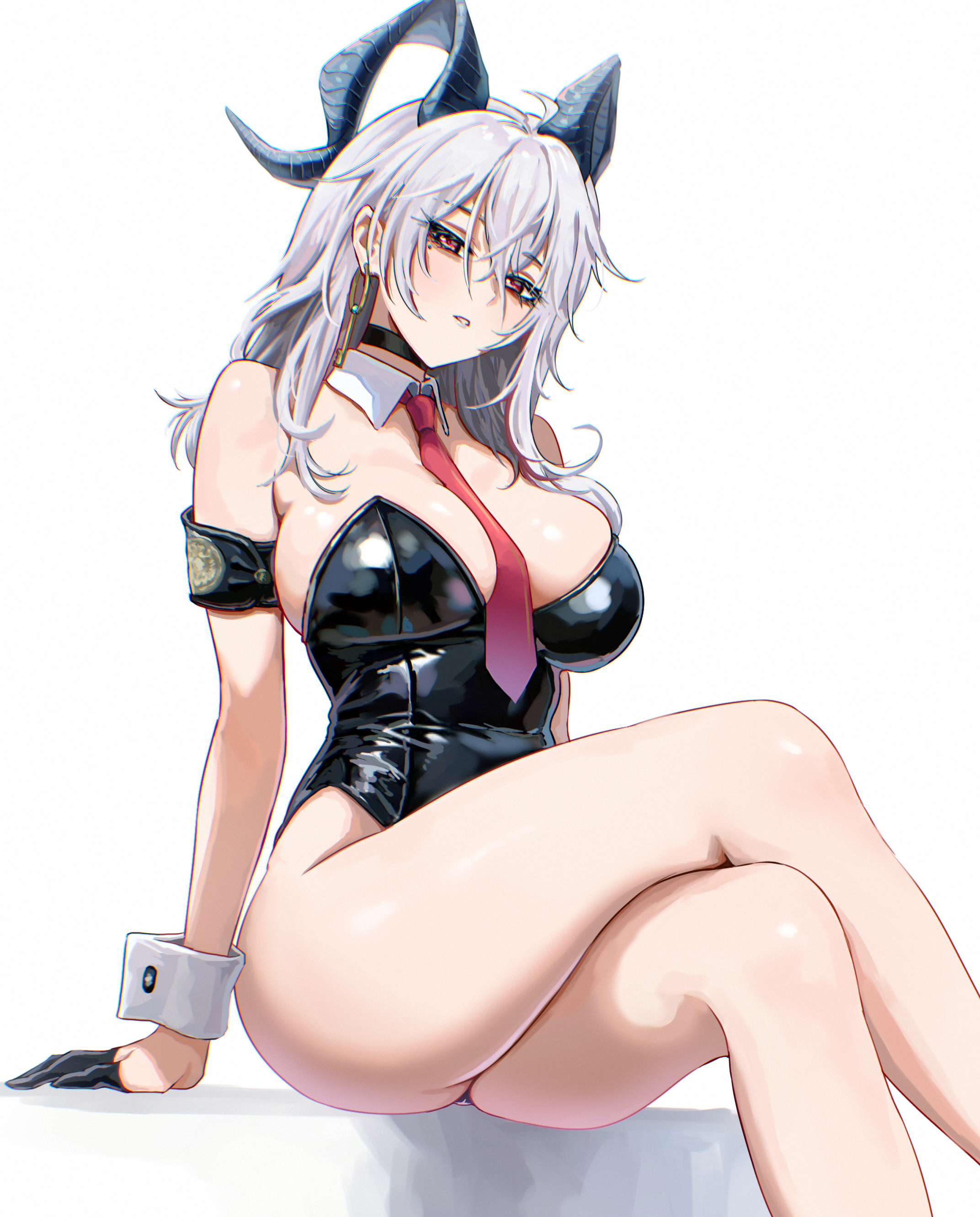 absurdres, alternate costume, armband, bare legs, bare shoulders, between breasts, black armband, black choker, black gloves, black horns, black leotard, breasts, choker, chromatic aberration, collar, commentary, crossed legs, curled horns, detached collar, earrings, feet out of frame, female, female only, gloves, grey hair, hair between eyes, half gloves, highres, horns, jewelry, key earrings, large breasts, legs, leotard, long hair, looking at viewer, multicolored hair, necktie, necktie between breasts, parted lips, red eyes, red necktie, sitting, solo, strapless, strapless leotard, streaked hair, thighs, umamipesto, white collar, white wrist cuffs, wrist cuffs, wuthering waves, zani (wuthering waves)