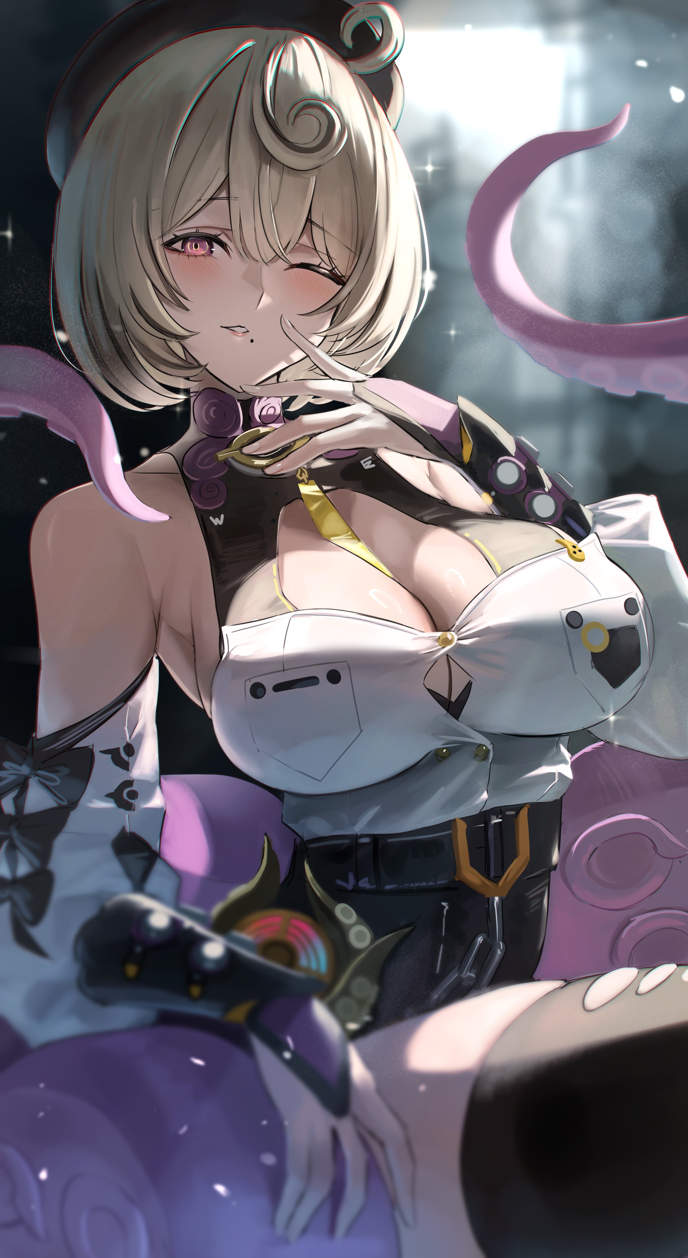 absurdres, bare shoulders, beret, black bow, black hat, blonde hair, blurry, blurry foreground, blush, bow, breasts, button gap, cleavage, commentary request, cowlick, detached sleeves, female, female only, hana hebi, hand up, hat, high-waist shorts, highres, large breasts, looking at viewer, mole, mole under mouth, one eye closed, parted lips, purple eyes, shirt, shirt tucked in, short hair, shorts, skindentation, solo, sparkle, tentacle, tentacle girl, tentacle tail, thighhighs, torn clothes, torn thighhighs, white shirt, white sleeves, yidhari murphy, zenless zone zero