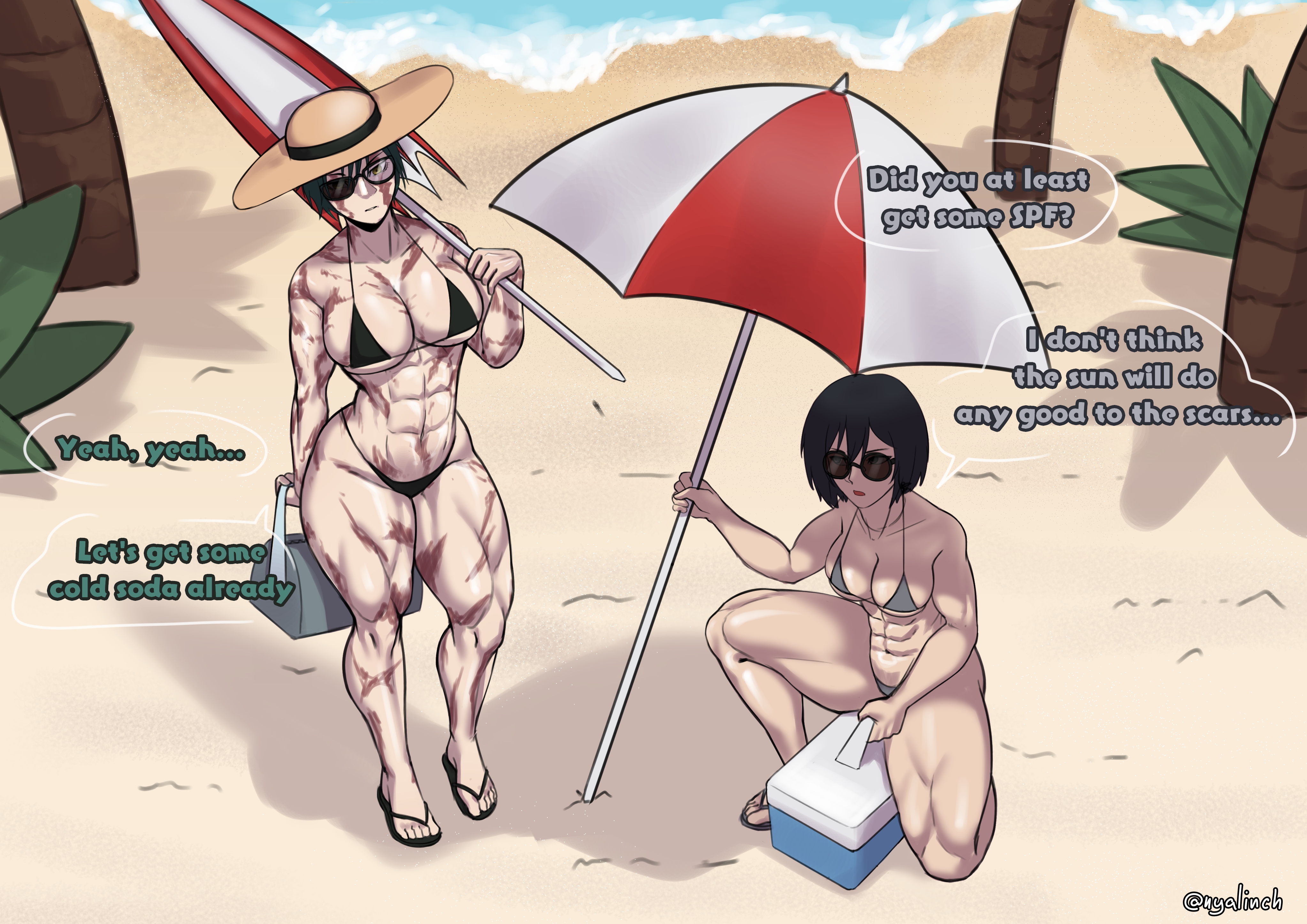 2girls, attack on titan, big breasts, bikini, black hair, crossover, english text, female only, jujutsu kaisen, maki zenin, meowlinch, mikasa ackerman, muscular female, scars, six pack, sunglasses, tagme, thick thighs, thighs, zenin maki
