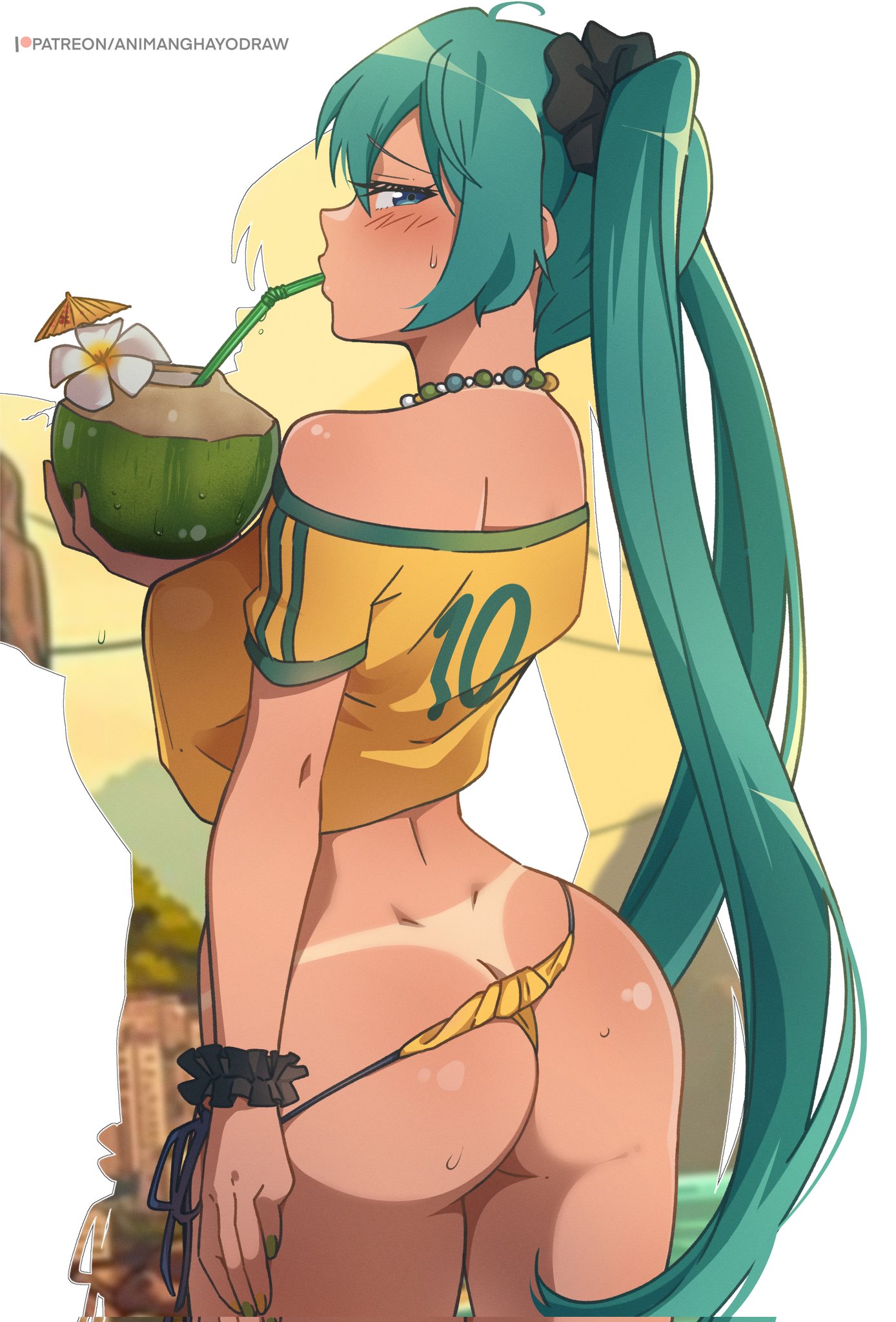 1girl, 1girls, alternate breast size (larger), animanghayodraw, aqua eyes, aqua hair, artist name, ass, bikini, bikini bottom only, bikini bottom pull, bikini tan, black scrunchie, blue eyes, blush, brazilian miku, breasts, butt crack, coconut, coconut cup, cowboy shot, crop top, cropped shirt, dimples of venus, drinking, drinking straw, drinking straw in mouth, flower, food, from behind, fruit, furrowed brow, hair ornament, hair scrunchie, hatsune miku, highres, holding, holding food, holding fruit, jewelry, large breasts, long hair, looking at viewer, looking back, necklace, off shoulder, off-shoulder shirt, paid reward available, patreon logo, patreon username, scrunchie, shirt, side-tie bikini bottom, solo, standing, sweat, swimsuit, tan, tanline, tanlines, thighs, thong bikini, twintails, very long hair, vocaloid, wrist scrunchie, yellow shirt