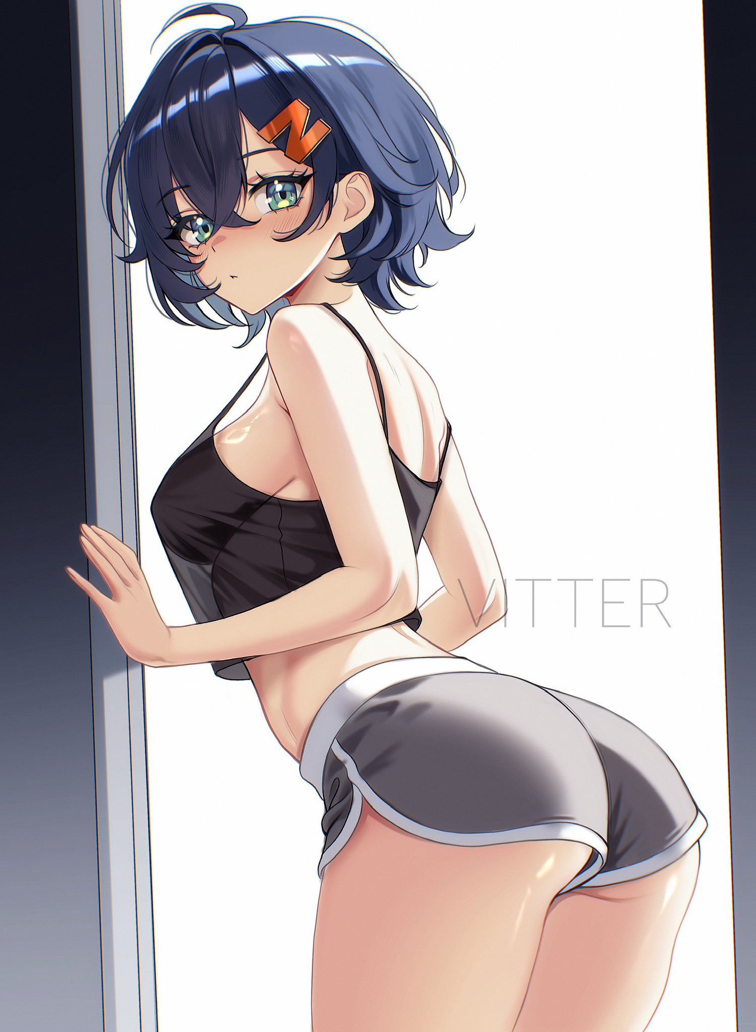 artist name, ass, ass focus, bare shoulders, belle (zenless zone zero), bent over, black tank top, blue hair, blush, breasts, closed mouth, commentary, crop top, crossed bangs, doorway, female, female only, from side, green eyes, hair between eyes, hair ornament, highres, large breasts, letter hair ornament, looking at viewer, no bra, see-through clothes, short hair, short shorts, shorts, solo, standing, tank top, thighs, vitter, white background, zenless zone zero