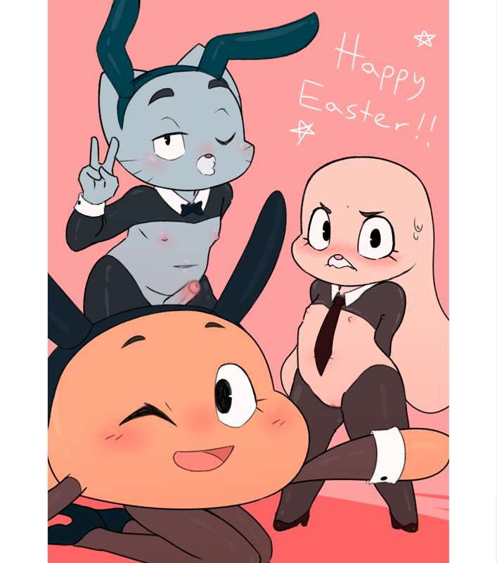 1female, 1females, 1girl2boys, 1girls, 2boys, 2boys1girl, 2male, 2males, 4 fingers, anais watterson, animal ears, animal humanoid, annoyed, annoyed expression, annoyed face, annoyed female, anthro, anthro bunny, anthro cat, anthro female, anthro male, anthro only, anthropomorphic bunny, anthropomorphic cat, antropomorph, arms behind back, blue body, blue cat, blue ears, blue fur, blue skin, blush, blush lines, blushing at viewer, blushing face, blushing female, blushing lines, blushing male, blushing profusely, bow tie, bowtie, breasts, bunny costume, bunny ears, bunny ears headband, bunny girl, bunny nose, bunnygirl, bunnysuit, cartoon network, cat, cat boy, cat ears, cat nose, catboy, censored, censored nipples, censored penis, censored pussy, cocky, cocky expression, crossdressing, cub, darwin watterson, dick, domestic cat, easter, easter bunny, embarrassed, english, english text, eyebrows, eyelashes, felid, feline, felis, female, female cub, femboy, fish, fish boy, fishnet armwear, fishnet legwear, fishnets, flat chest, flustered female, flustered male, fur, furry, furry female, furry male, furry only, gumball watterson, hanna-barbera, happy, happy boy, happy easter, happy expression, happy face, happy male, happy smile, heels, high heels, kneeling male, lagomorph, leaning back, leaning forward, male, male cub, mammal, nipples, nipples outside, no porn, no sex, open arms, penis, pink body, pink fur, pussy, rabbit, rabbit girl, reverse bunnysuit, siblings, small breasts, sweat, sweatdrop, sweaty, sweaty face, sweaty female, text, the amazing world of gumball, therita3k, thick eyebrows, threek, tie, tiny female, tiny male, vagina, white cuffs, white wrist cuffs, wink, winking, winking at viewer, winking eye, wrist cuffs, young, young anthro, young female, young male