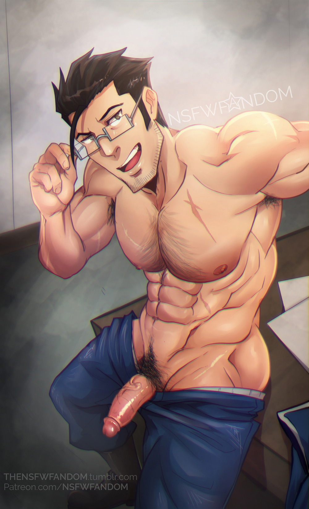 1boy abs ass bara brown_hair circumcised clothed color fullmetal_alchemist glasses human maes_hughes male male_only muscles muscular_male nipples pants pecs penis pubic_hair scar selfie semi-erect solo soynutts tagme topless veiny_penis yaoi