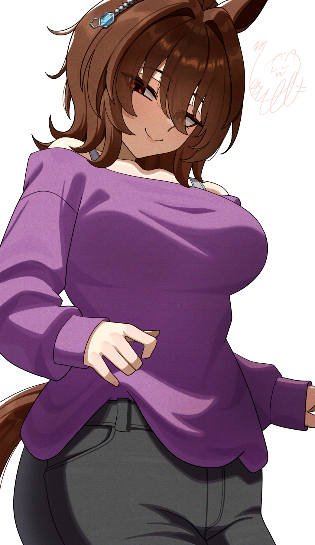 agnes tachyon (casual) (umamusume), agnes tachyon (umamusume), animal ears, bare shoulders, black pants, breasts, brown hair, closed mouth, commentary request, female, female only, hair between eyes, hair intakes, highres, horse ears, horse girl, large breasts, long hair between eyes, long sleeves, looking at viewer, medium hair, motusii, off shoulder, off-shoulder shirt, pants, purple shirt, red eyes, shirt, simple background, smile, solo, umamusume, white background