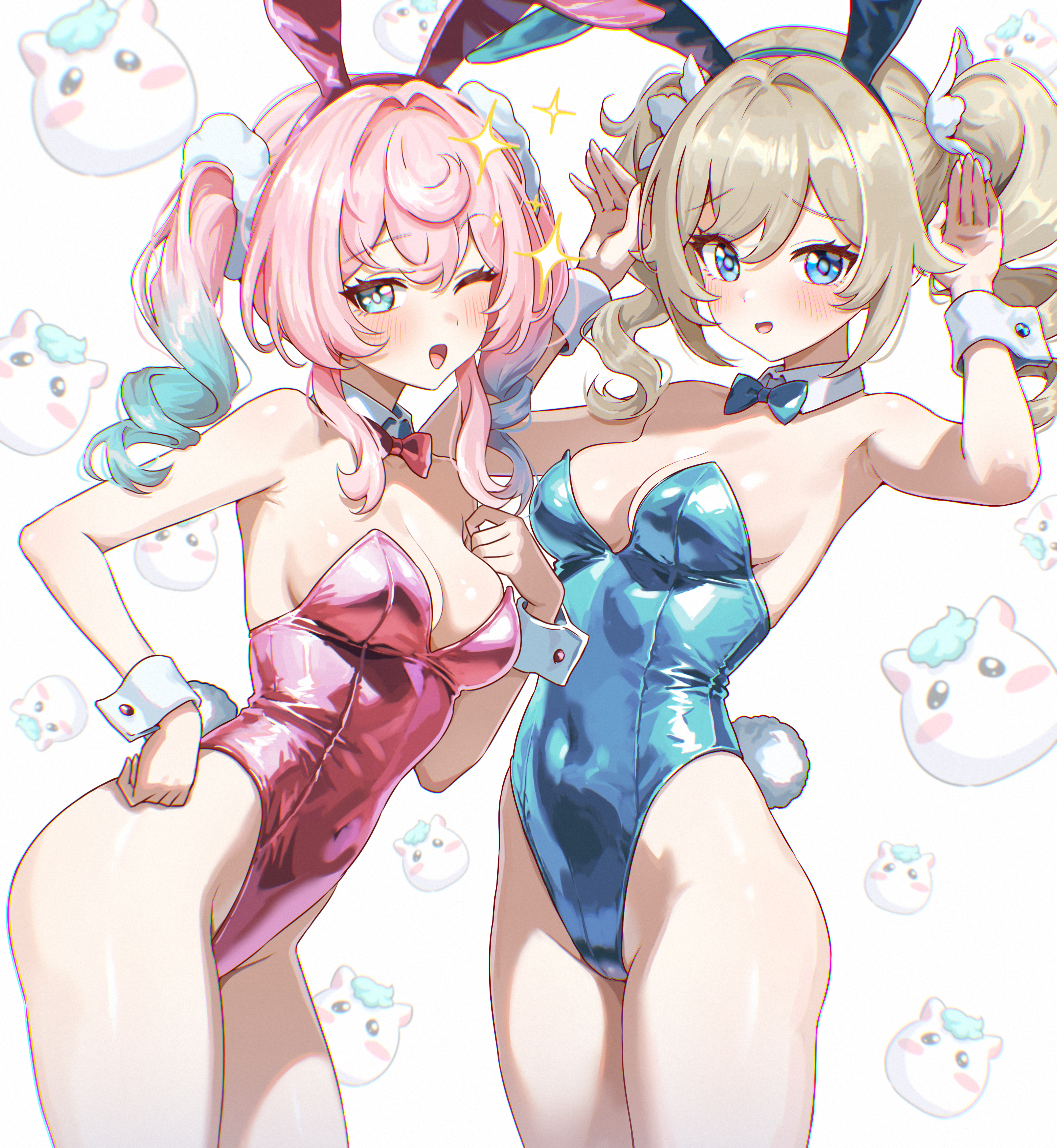 ;o, 2girls, absurdres, animal ears, aqua eyes, aqua hair, barbara (genshin impact), blonde hair, blue eyes, blue leotard, breasts, commentary request, fake animal ears, fake tail, female, female only, genshin impact, highres, honkai (series), honkai: star rail, hyacine (honkai: star rail), leotard, little ica (honkai: star rail), medium hair, mihoyo, multicolored hair, multiple girls, one eye closed, pink hair, pink leotard, rabbit ears, rabbit pose, rabbit tail, small breasts, tail, twintails, two-tone hair, umamipesto, wrist cuffs