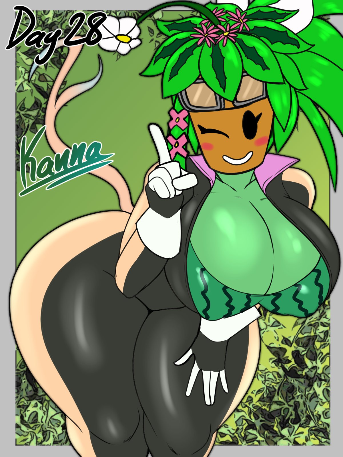 1girls, 2d, 2d (artwork), big ass, big breasts, big butt, blaster master, blaster master zero 2, blush, cleavage, digital media (artwork), female, female focus, female only, flora fauna, flower, flower in hair, green background, green body, green hair, green skin, jyto, kanna (blaster master), mob face, plant, plant girl, plant humanoid, solo female, solo focus, tagme, thick thighs, tight clothing, wink