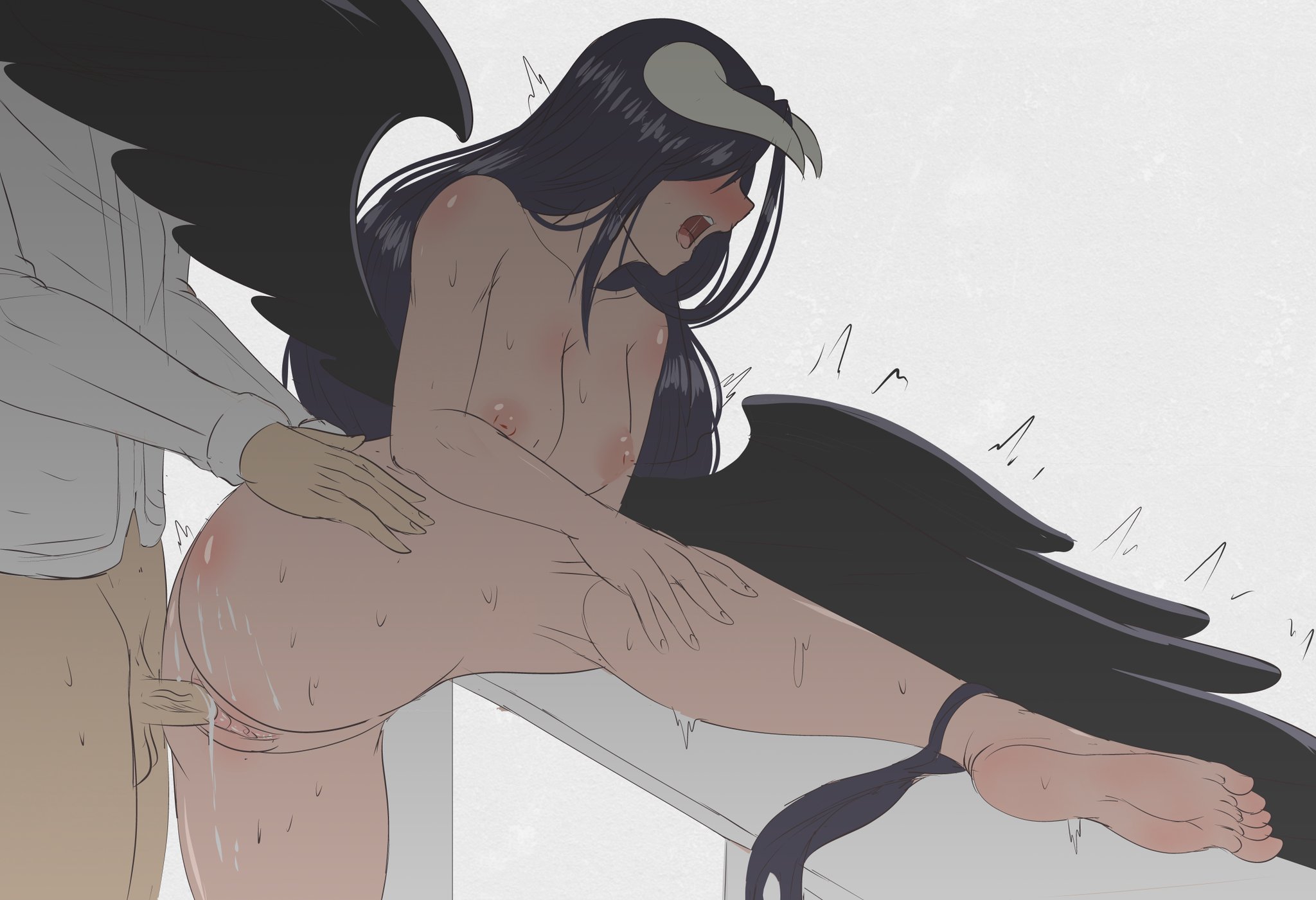 1boy, 1girls, albedo (overlord), barefoot, black hair, breasts, completely nude, feet, female, fuzzlogik, horns, light skin, light-skinned female, long hair, male, naked, nude, nude female, overlord (maruyama), sex, vaginal penetration, wings