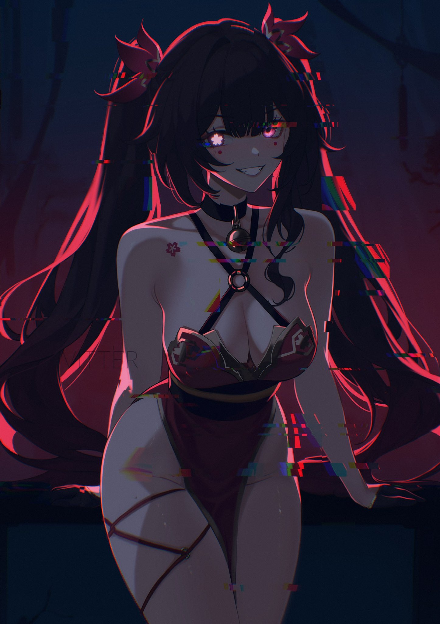 alternate breast size (larger), bare shoulders, black hair, bondage, breasts, cleavage, commentary, dress, female, female only, flower tattoo, flower-shaped pupils, glitch, highres, honkai (series), honkai: star rail, japanese clothes, large breasts, long hair, looking at viewer, red dress, solo, sparkle (honkai: star rail), symbol-shaped pupils, tattoo, thighs, twintails, untranslatable commentary, very long hair, vitter