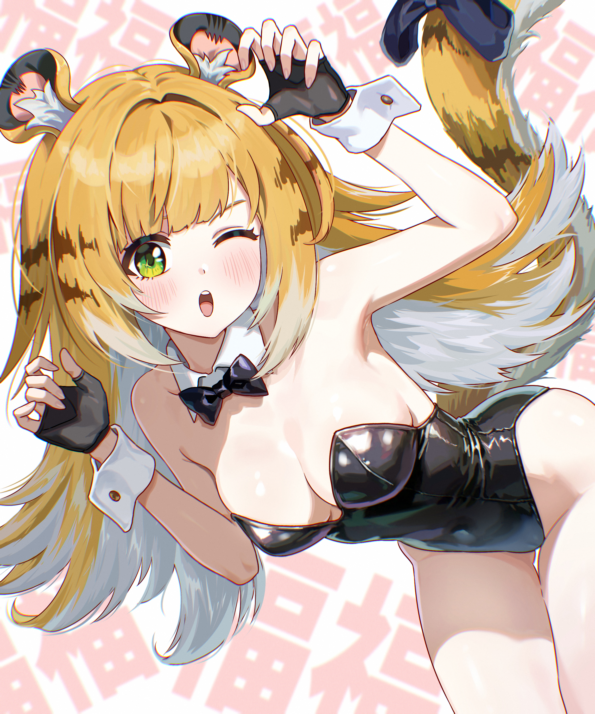 :o, absurdres, alternate breast size, animal ears, animal tail, black gloves, black leotard, blonde hair, blush, bowtie, breasts, bunnysuit, cleavage, detached collar, female, female only, fingerless gloves, fully clothed, gloves, green eyes, highleg, highres, ju fufu, kemonomimi, leaning forward, leotard, long hair, medium breasts, one eye closed, solo, tail, tiger ears, tiger girl, tiger tail, umamipesto, wrist cuffs, zenless zone zero