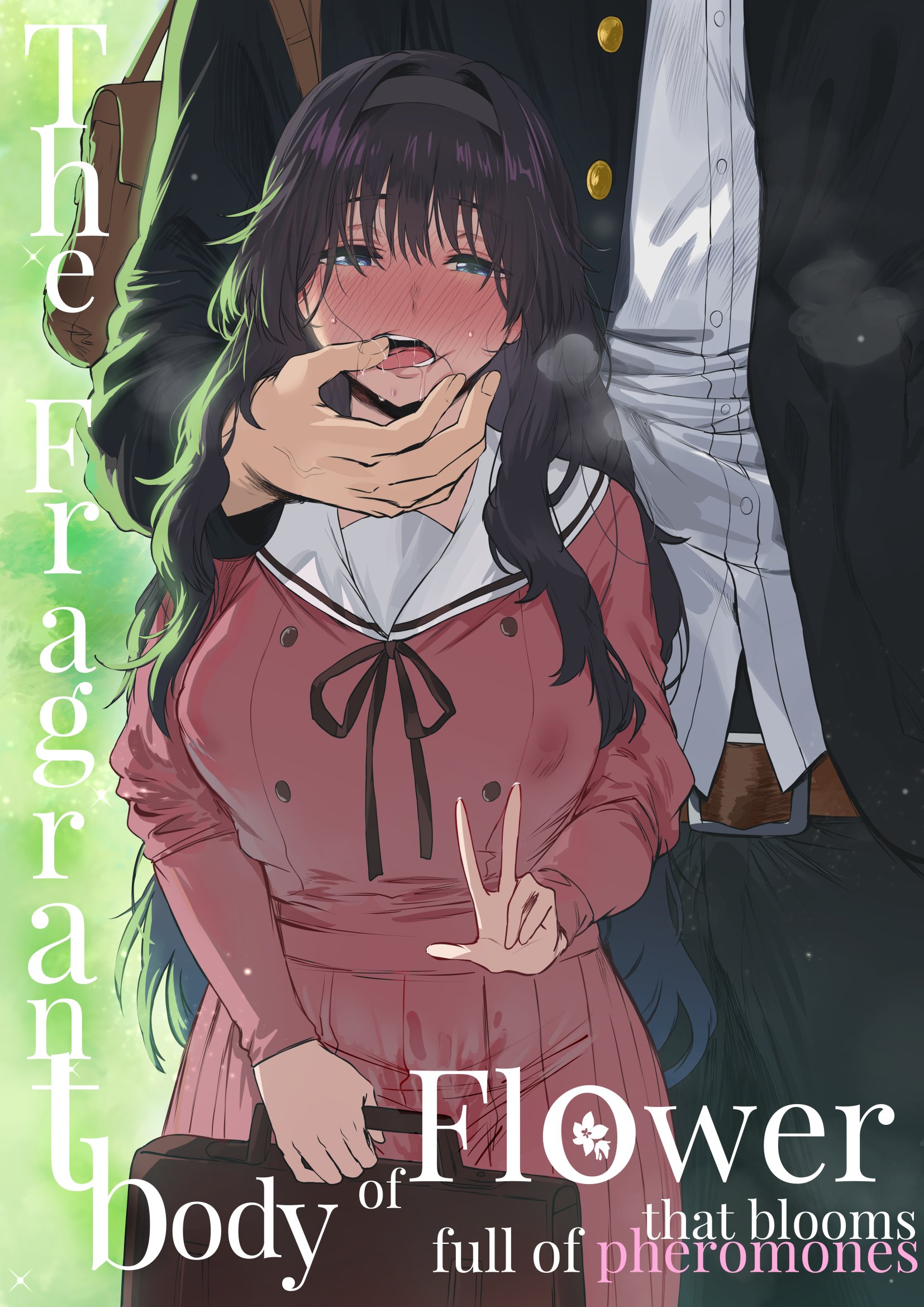 1boy, 1girls, bag, belt, black hairband, blue eyes, blush, breasts, buttons, drooling, female, finger in mouth, finger to mouth, gakuran, hairband, hews, hews hack, highres, holding, holding bag, kaoru hana wa rin to saku, large breasts, long hair, looking at viewer, messy hair, neck ribbon, nipple bulge, nipples visible through clothing, open mouth, outdoors, pleated skirt, puffy nipples, ribbon, saliva, school uniform, serafuku, shirt, skirt, steam, tongue, tsumugi rintarou, v, waguri kaoruko, wet, wet clothes, wet skirt, white shirt
