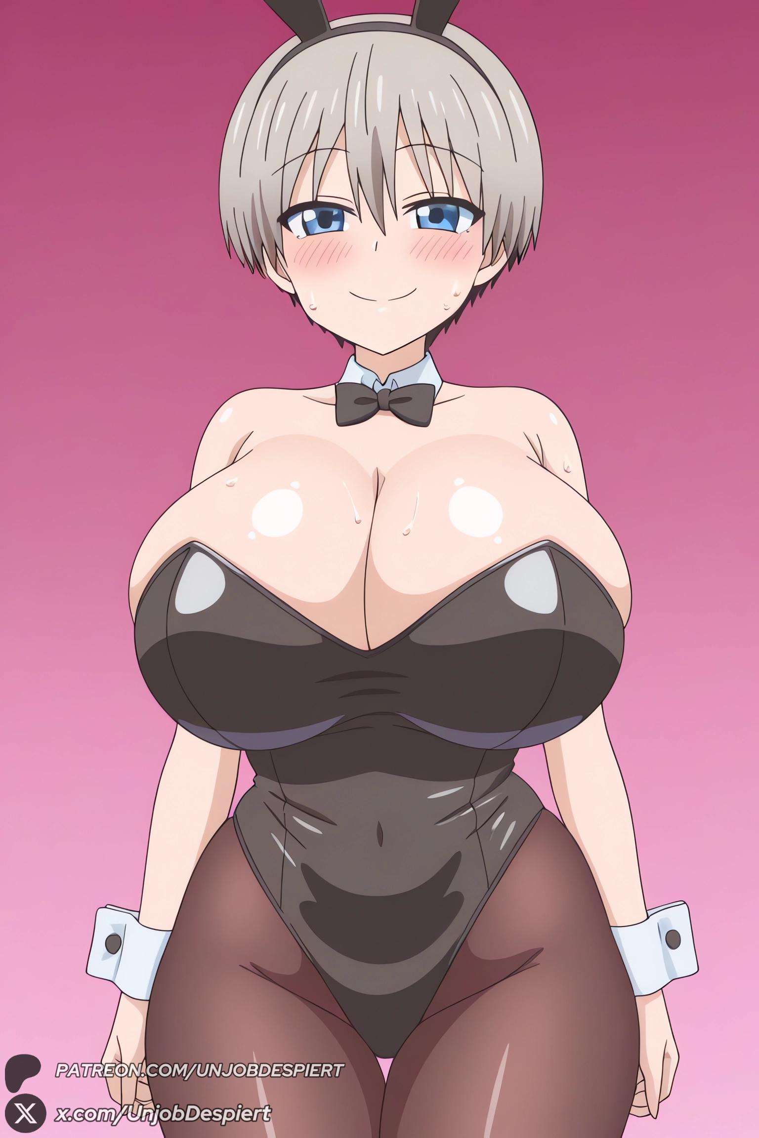 1female, 1girls, 2026, ai generated, animal ears, artist name, bangs, bare shoulders, big ass, big breasts, black leotard, blue eyes, blush, bow, bowtie, breasts, cleavage, closed mouth, collarbone, covered navel, curvy, detached collar, fake animal ears, female, female only, gradient, gradient background, grey hair, hair between eyes, hi res, high quality, high resolution, highres, huge ass, huge breasts, leotard, looking at viewer, pantyhose, patreon, patreon username, pink background, rabbit ears, shiny, shiny skin, short hair, smile, solo, strapless, strapless leotard, sweat, thigh gap, unjobdespiert, uzaki hana, uzaki-chan wa asobitai!, watermark, wrist cuffs