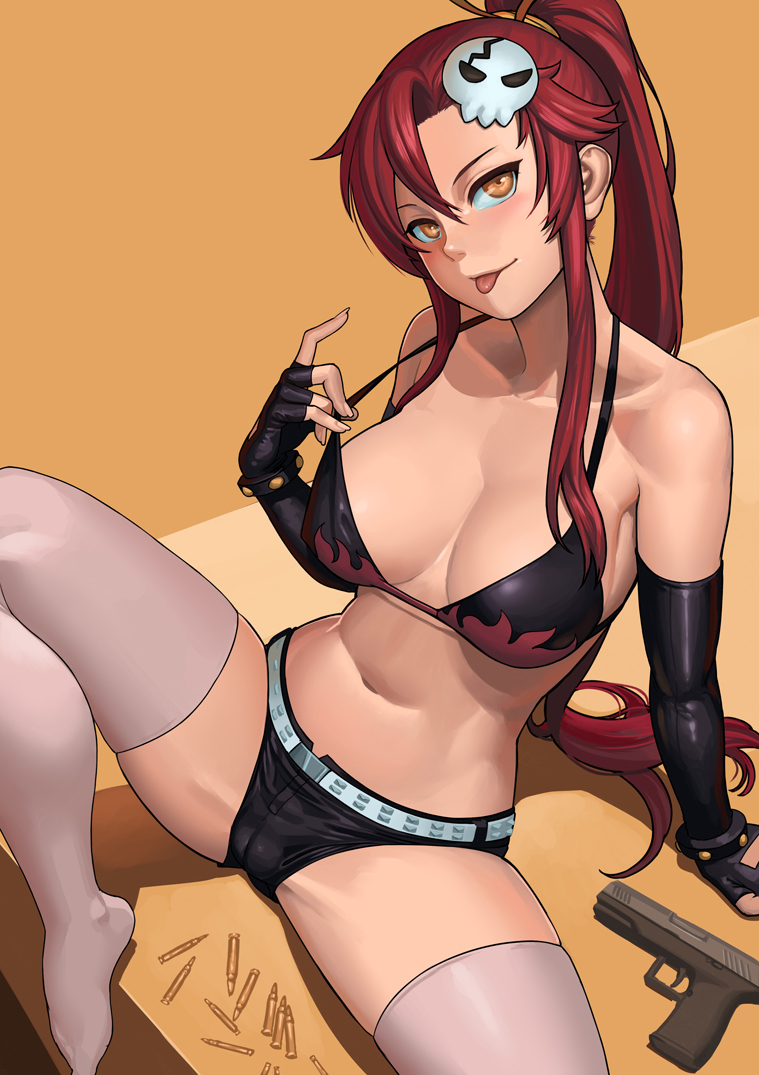 1girls :p bare_shoulders bikini bikini_pull breasts brown_eyes bullet cleavage clothed feet female female_only fingerless_gloves firearm gloves gun handgun human lasterk long_hair looking_at_viewer looking_up panties ponytail red_hair shadow shorts sitting solo spread_legs spreading table tengen_toppa_gurren_lagann thighhighs tongue tongue_out weapon yoko_littner