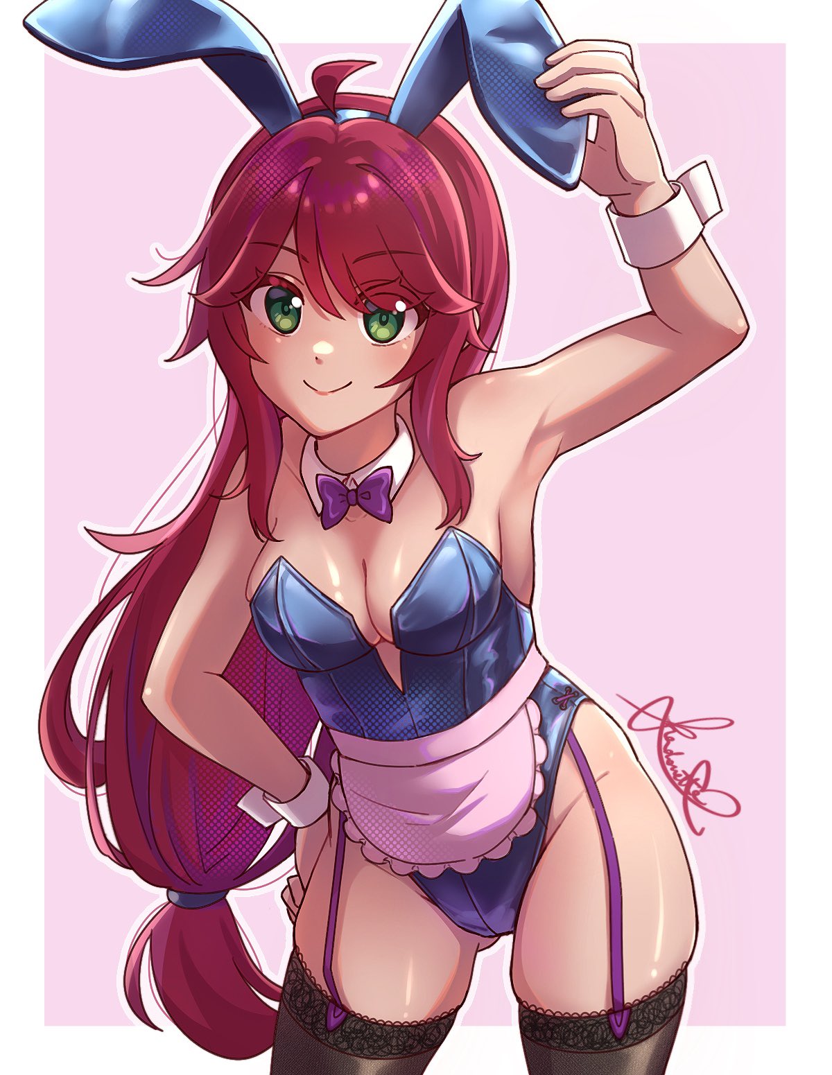 1girls, apron, blue bunny ears, blue bunnysuit, bowtie, breasts, bunny ears, bunny girl, bunnysuit, female, female focus, female only, happy, happy female, legwear, maid apron, medium boobs, medium breasts, pale skin, pale-skinned female, pink hair, ponytail, red hair, shadouette, smile, smiling, smiling at viewer, straight hair, stylist (terraria), terraria, white hair