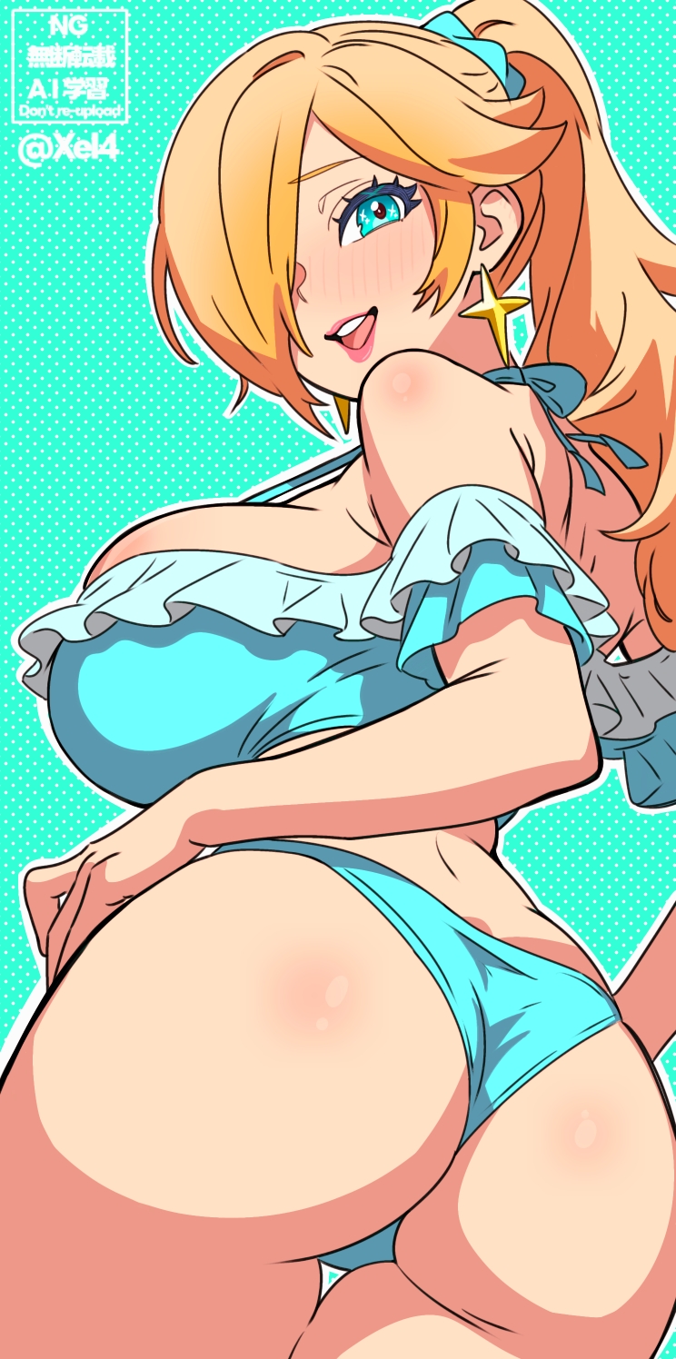 :d, alternate breast size (larger), ass, bare shoulders, bikini, blonde hair, blue background, blue bikini, blue eyes, blue scrunchie, breasts, commentary, copyright notice, female, female only, frilled bikini, frills, from behind, hair ornament, hair over one eye, hair scrunchie, highres, large breasts, legs together, long hair, looking at viewer, looking back, mario (series), nintendo, open mouth, pink lips, polka dot, polka dot background, ponytail, princess rosalina, scrunchie, skindentation, smile, solo, standing, straight hair, strap gap, swimsuit, teeth, thigh gap, twitter username, upper teeth only, xel4