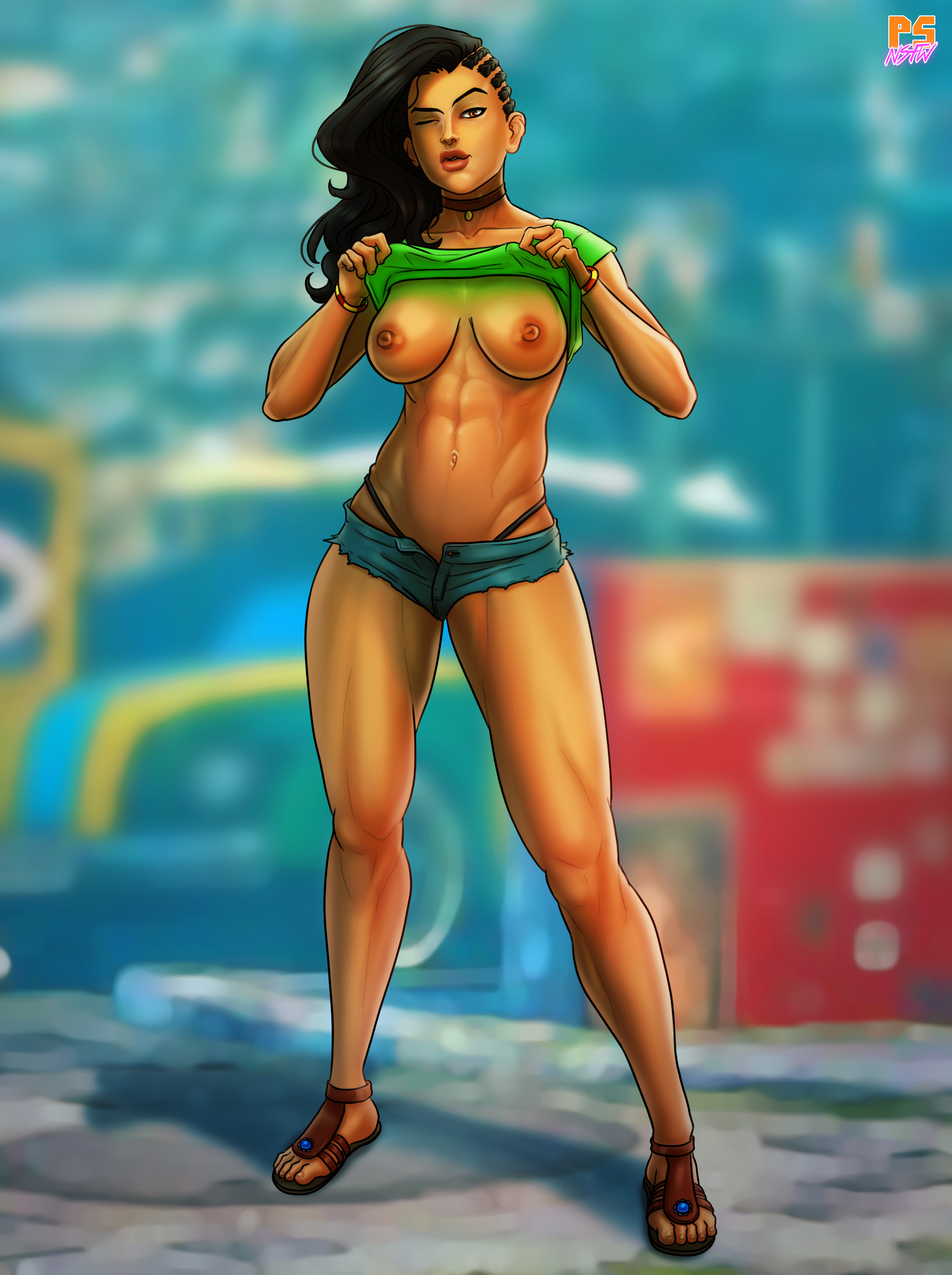 1girls, absurdres, areolae, brazilian, brazilian female, brazilian tan, breasts, capcom, dark skin, dark-skinned female, female, female only, highres, latina, laura matsuda, long hair, looking at viewer, nipples, pumpkinsinclair, shirt lift, solo, street fighter, street fighter v, video games