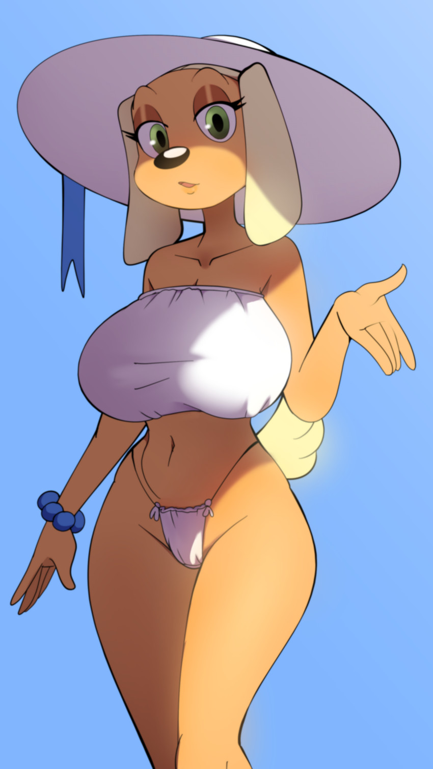 16:9, 2026, big breasts, bikini, biped, blue background, brandy & mr whiskers, brandy harrington, breasts, canid, canine, canis, clothing, digital drawing (artwork), digital media (artwork), disney, domestic dog, eyelashes, female, fingers, furry, furry female, furryanthro, green eyes, hat, headgear, headwear, hi res, huge breasts, looking at viewer, mammal, navel, pupils, simple background, solo, sun hat, swimwear, thick thighs, tobitobi90, two-piece swimsuit, white clothing, wide hips