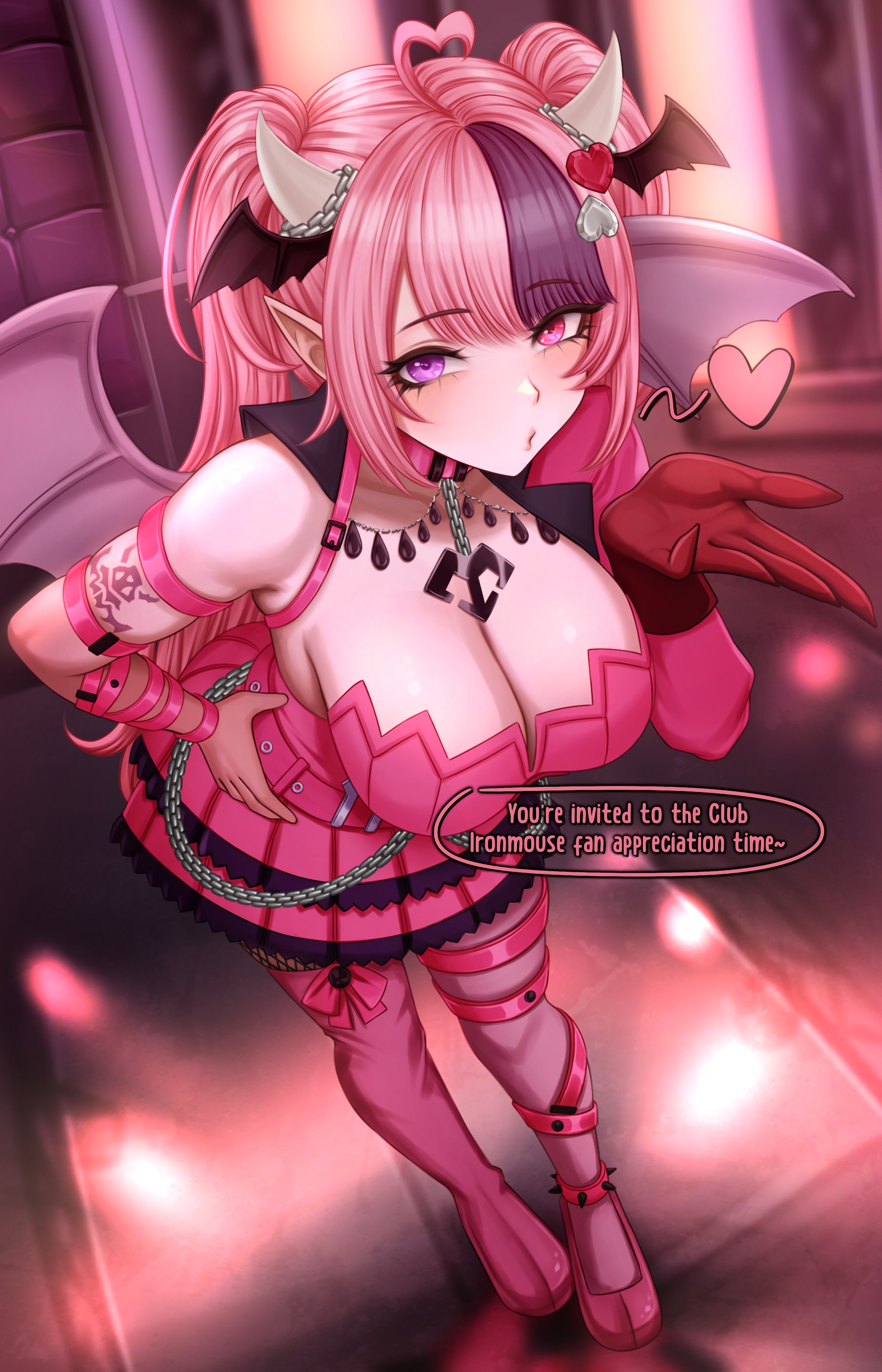 1girls, absurdres, ahoge, blowing kiss, breasts, chains, choker, cleavage, curvy, demon girl, demon horns, demon wings, dress, english text, female, fishnet pantyhose, fishnets, hair ornament, head wings, heart, heart ahoge, heart hair ornament, heterochromia, highres, horns, indie virtual youtuber, ironmouse, large breasts, latina, looking at viewer, massive breasts, multicolored hair, myeu, pantyhose, pink choker, pink dress, pink eyes, pink hair, pointy ears, purple eyes, purple streaks, revealing clothes, streaked hair, thigh strap, twintails, virtual youtuber, voluptuous, vtuber, wings