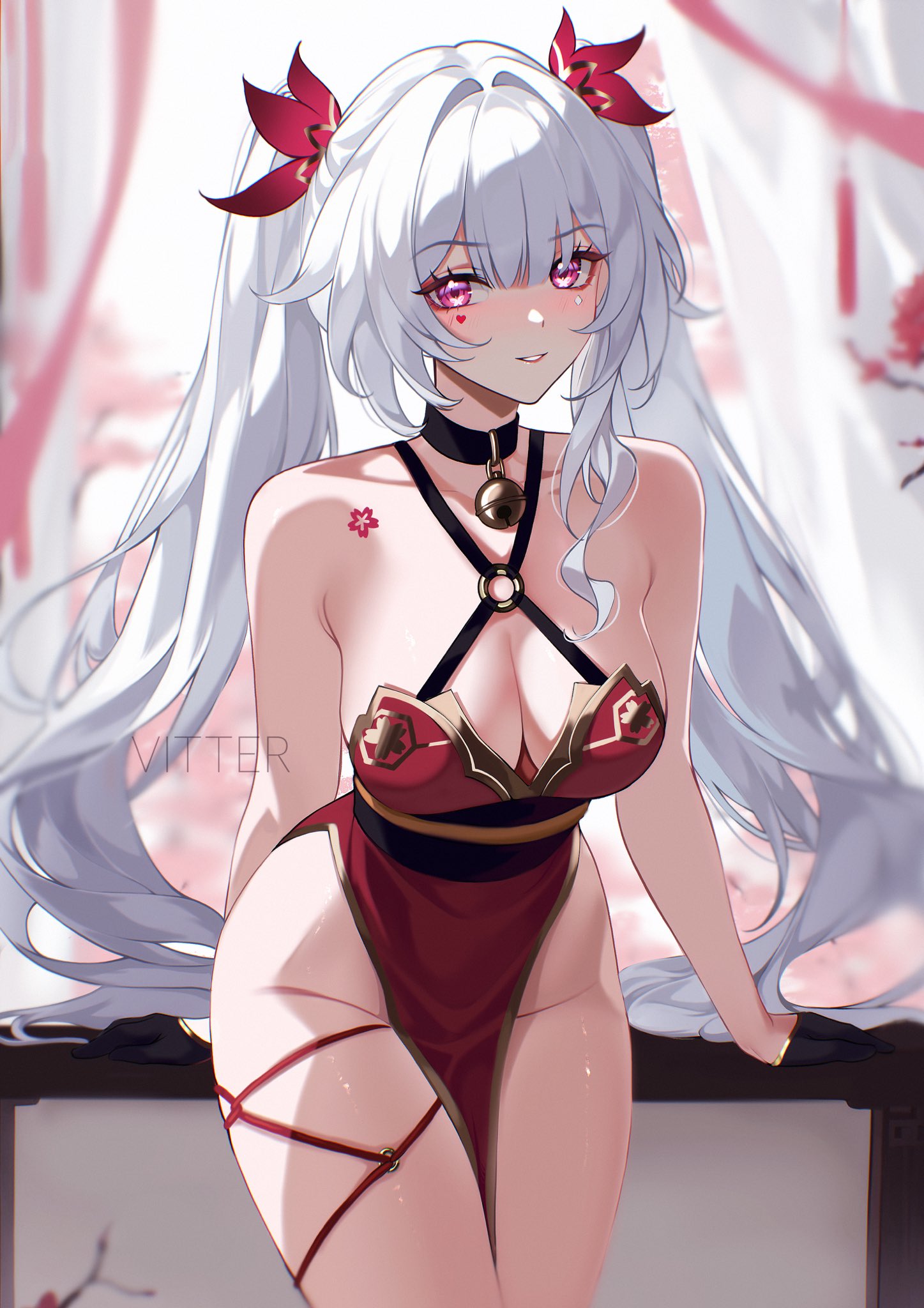 artist name, bare shoulders, bell, black choker, black gloves, black sash, blush, breasts, butterfly-shaped pupils, choker, cleavage, collarbone, diamond on cheek, dress, facial mark, female, female only, flower tattoo, gloves, hair ornament, hashtag-only commentary, heart, heart facial mark, highres, honkai (series), honkai: star rail, large breasts, long hair, looking at viewer, mark under both eyes, neck bell, no panties, parted lips, pink eyes, red dress, sash, smile, solo, sparkle (honkai: star rail), sparxie (honkai: star rail), symbol-shaped pupils, tattoo, twintails, very long hair, vitter, white hair