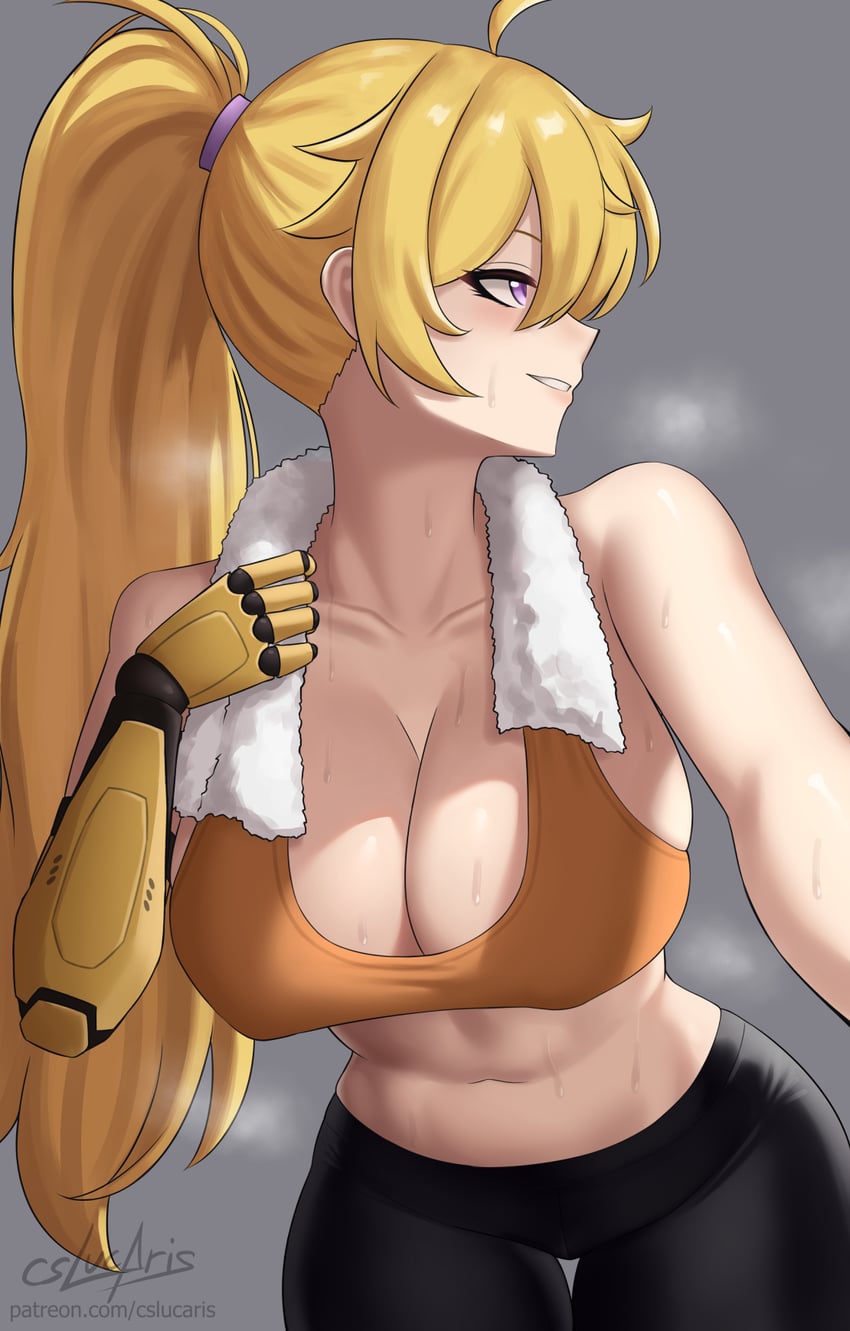 ahoge, bare shoulders, black pants, blonde hair, breasts, cleavage, collarbone, commentary, cslucaris, english commentary, exercising, facing viewer, female, grey background, high ponytail, highres, large breasts, leaning forward, long hair, looking to the side, navel, orange sports bra, pants, parted lips, ponytail, prosthesis, prosthetic arm, purple eyes, rwby, simple background, solo, sports bra, steaming body, stomach, sweat, towel, towel around neck, very long hair, yang xiao long, yoga pants