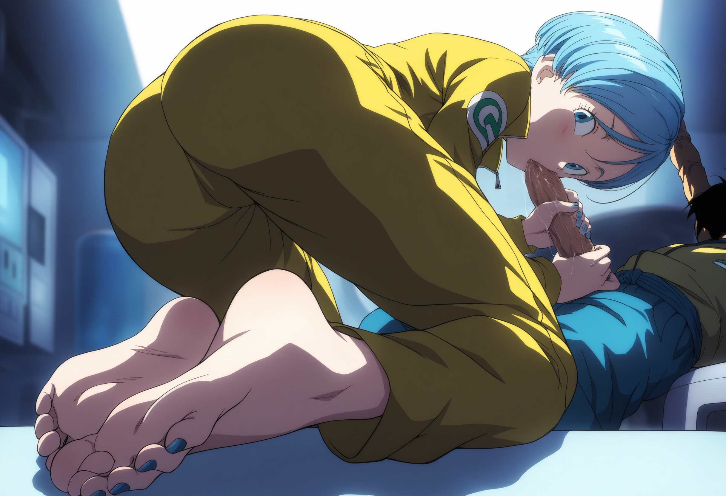ai generated, ass, ass focus, barefoot, blowjob, blue hair, blue nails, bulma (dragon ball), bulma briefs, dragon ball, dragon ball super, dragon ball super super hero, dragon ball z, feet, feet fetish, feet focus, fellatio, foot fetish, handjob, kneeling, looking at viewer, penis, short hair, soles, soles female, soles fetish, toes