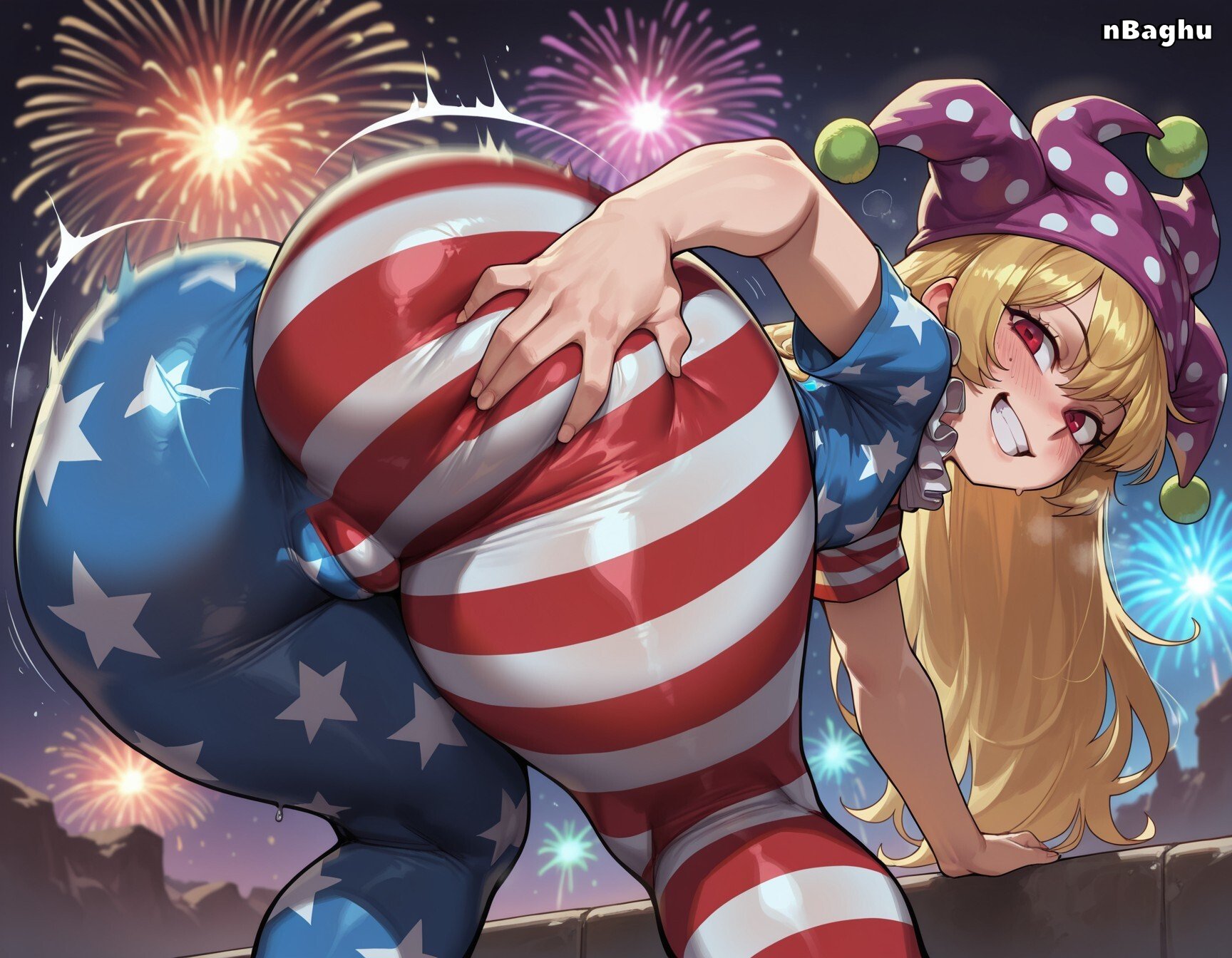 1girls, 4th of july, ai generated, american flag, american flag bikini, ass, ass focus, big ass, blonde hair, bottom heavy, breasts, clownpiece, female, fireworks, from behind, hat, highres, huge ass, jester, jester hat, long hair, looking at viewer, looking back, motion blur, nbaghu, pantyhose, petite, rear view, red eyes, short dress, shortstack, small breasts, solo, solo female, touhou