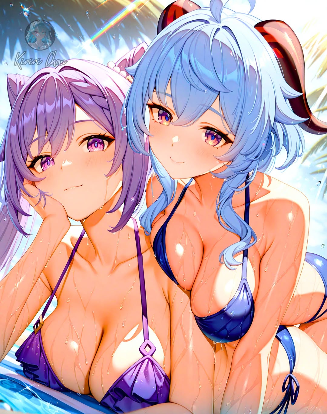 2025, ai generated, app game, beach background, blue bikini, blue eyebrows, blue-haired female, closed mouth, female, ganyu (genshin impact), genshin impact, glaring at viewer, instagram, internet, keqing (genshin impact), looking at viewer, lying on ground, lying on person, meta, mouth closed, neko, purple bikini, purple eyebrows, purple-eyed female, purple-haired female, smile at viewer, smiling at viewer, unknown artist, wet bikini, wet body, wet skin