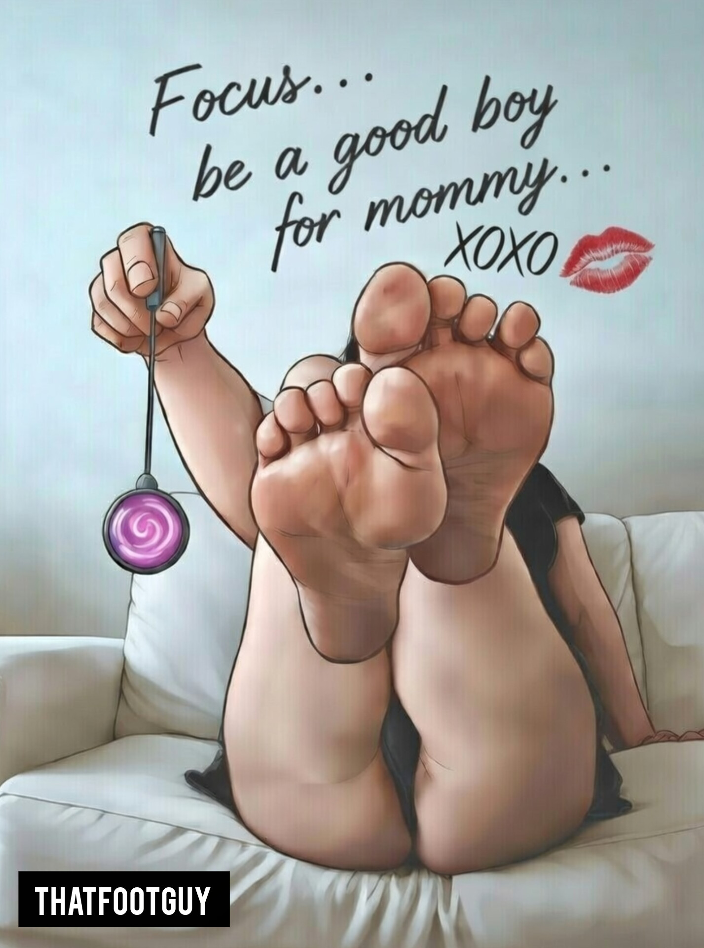 artist signature, bad end, blowing kiss, corruption, defeated, dominant, dominant female, domination, feet, feet fetish, feet focus, feet together, feet up, femdom, foot fetish, foot focus, foot worship, grabbing, holding object, hypnosis, hypnotizing viewer, kiss, lipstick, nails, pendulum, photo, pov, pussy lips, sofa, soles, talking to viewer, thatfootguy, thick ass, thick hips, thick legs, thick thighs, this is your life now, thong, toes, viewer pov, writing on body