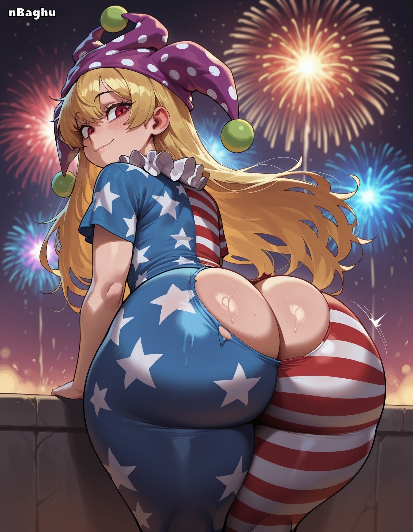 1girls, 4th of july, ai generated, american flag, american flag bikini, ass, ass cutout, ass focus, ass shake, big ass, blonde hair, bottom heavy, breasts, clothing cutout, clownpiece, female, fireworks, from behind, hat, highres, huge ass, jester, jester hat, long hair, looking at viewer, looking back, motion lines, nbaghu, pantyhose, petite, rear view, red eyes, short dress, shortstack, small breasts, solo, solo female, torn clothes, torn pantyhose, touhou