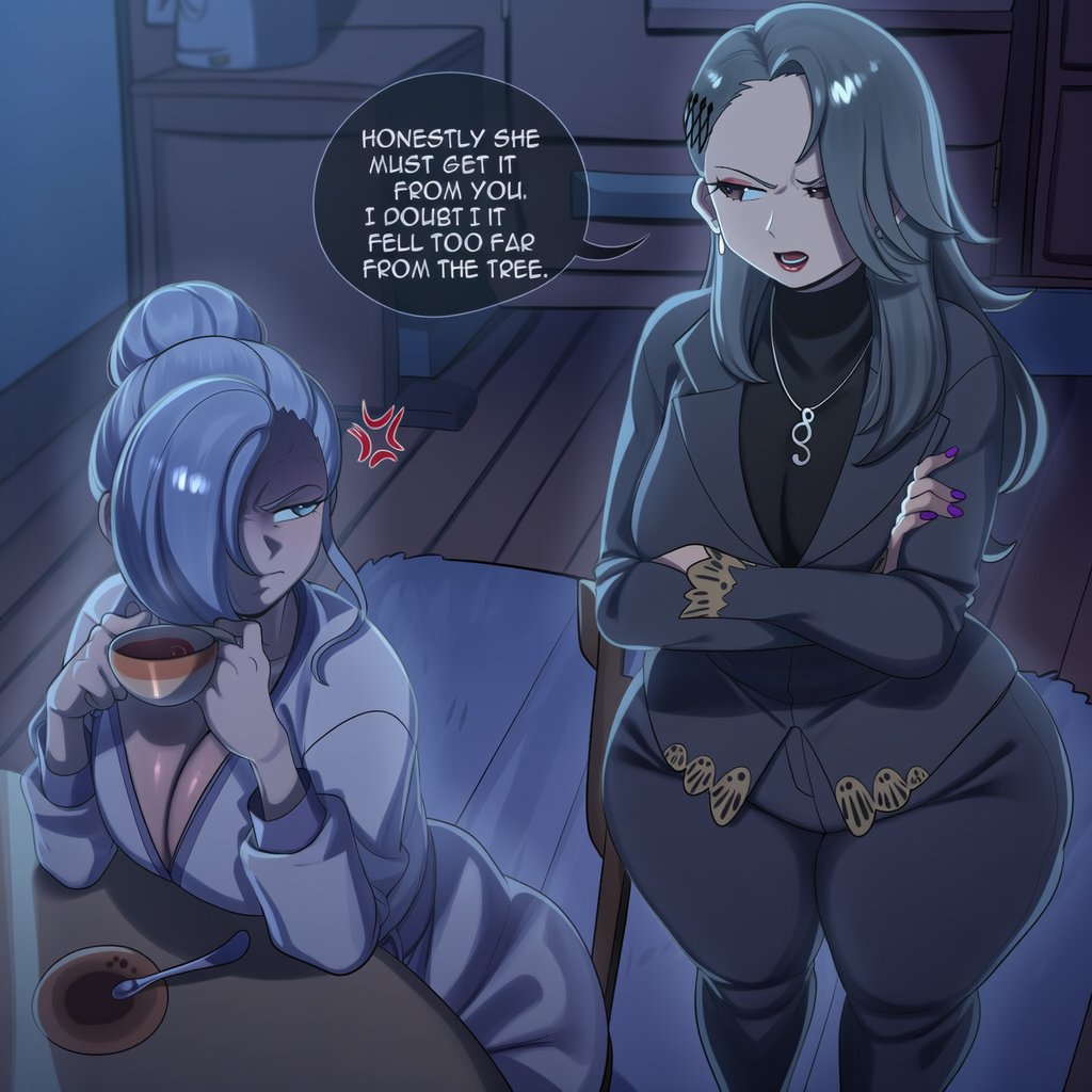 1:1, 2girls, ai generated, anger vein, angry, big breasts, blue eyes, breasts, brown eyes, cleavage, crossed arms, crossover, eastern and western character, english text, female, female only, hair bun, huge breasts, imminent sex, large breasts, long hair, lovelyzen, megami tensei, milf, multiple females, multiple girls, persona, persona 5, rwby, sae niijima, silver hair, text, voice actor connection, white hair, wide hips, winter schnee