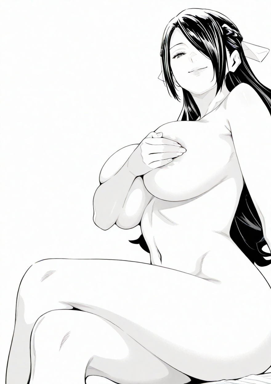 ai generated, ass, azuma fubuki, big ass, big breasts, breast grab, breasts, covered nipples, covering breasts, female, hair over one eye, leg on another's leg, mato seihei no slave, milf, monochrome, perfect body, seductive look, seductive smile, sitting, smile at viewer