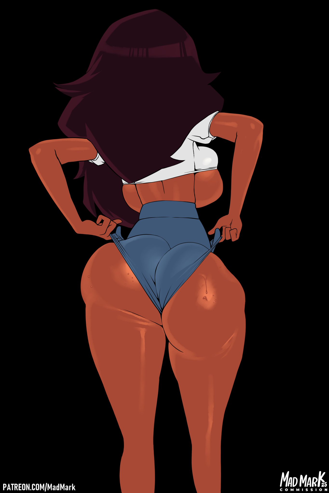 1girl, 1girls, ass, ass focus, back view, backboob, barely contained, barely contained breasts, big ass, big breasts, big butt, booty shorts, breasts, connie maheswaran, dark skin, dark-skinned female, female, female only, fusion, gem (species), huge ass, long hair, madmark, pearl (steven universe), pearlie (blackmorty), pulling pants up, pulling shorts, short shorts, shorts, solo, solo female, steven universe, sweat, sweatdrop, sweaty ass, sweaty butt, underboob